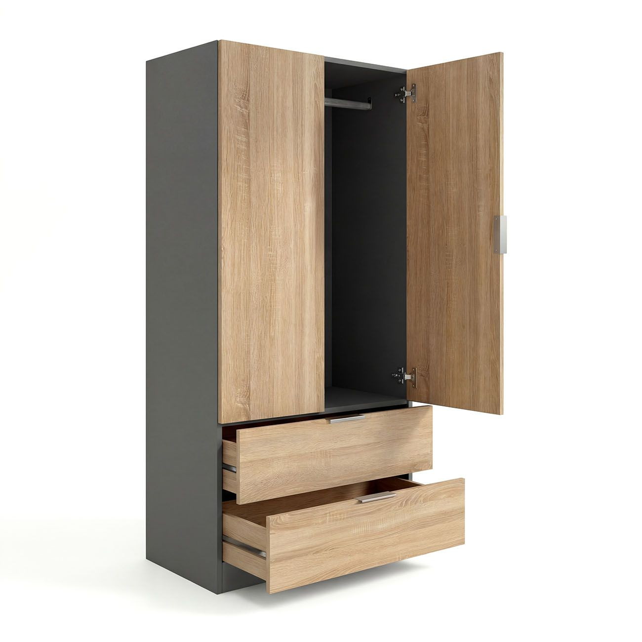 Armario gris con puertas de madera y cajones abiertos.