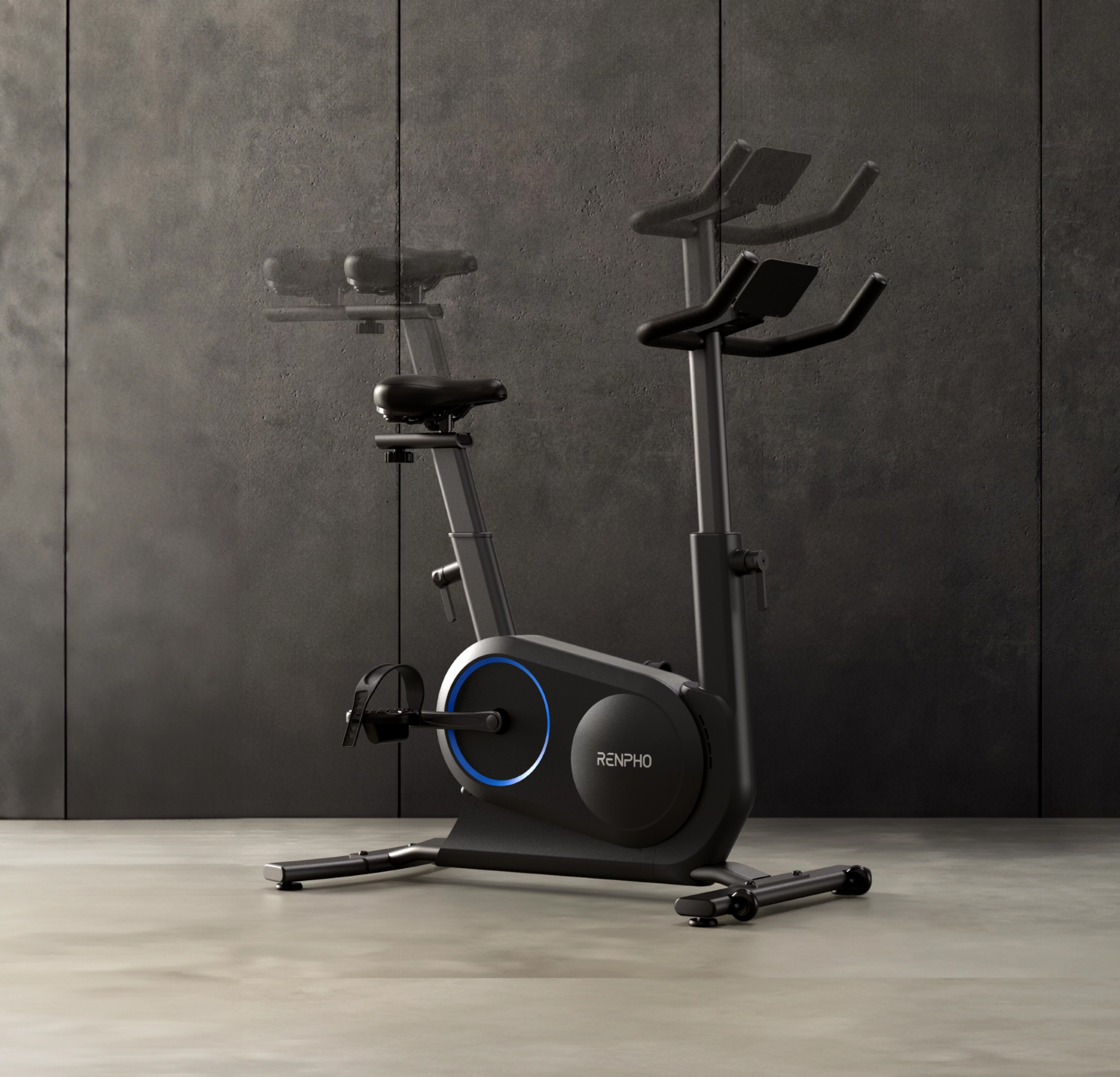 Ein schwarzes Heimtrainer-Fahrrad mit blauer Akzentbeleuchtung auf Betonboden.