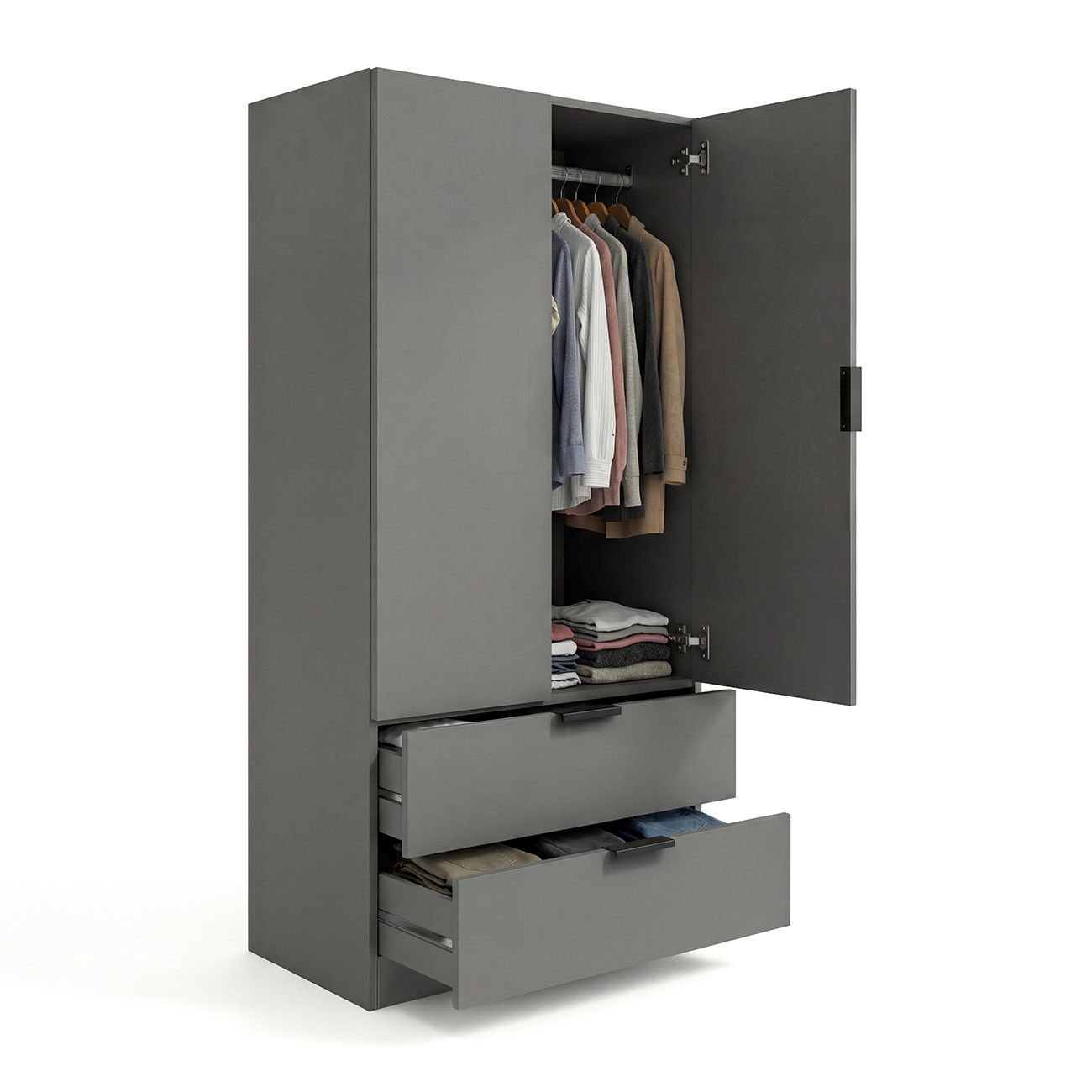 Armario gris con puerta abierta, ropa en perchas y ropa doblada en cajones.