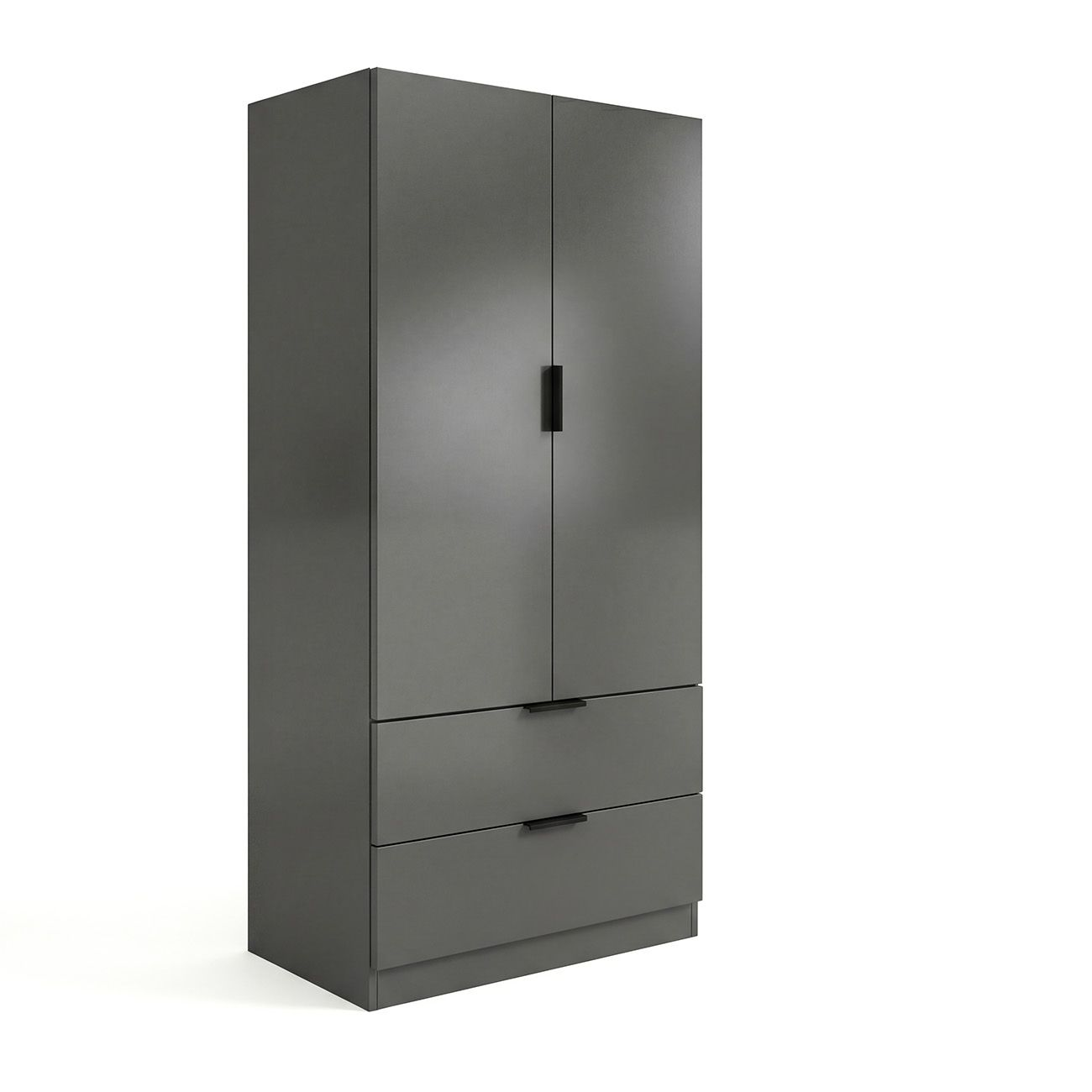 Un armario gris con dos puertas y tres cajones sobre fondo blanco.