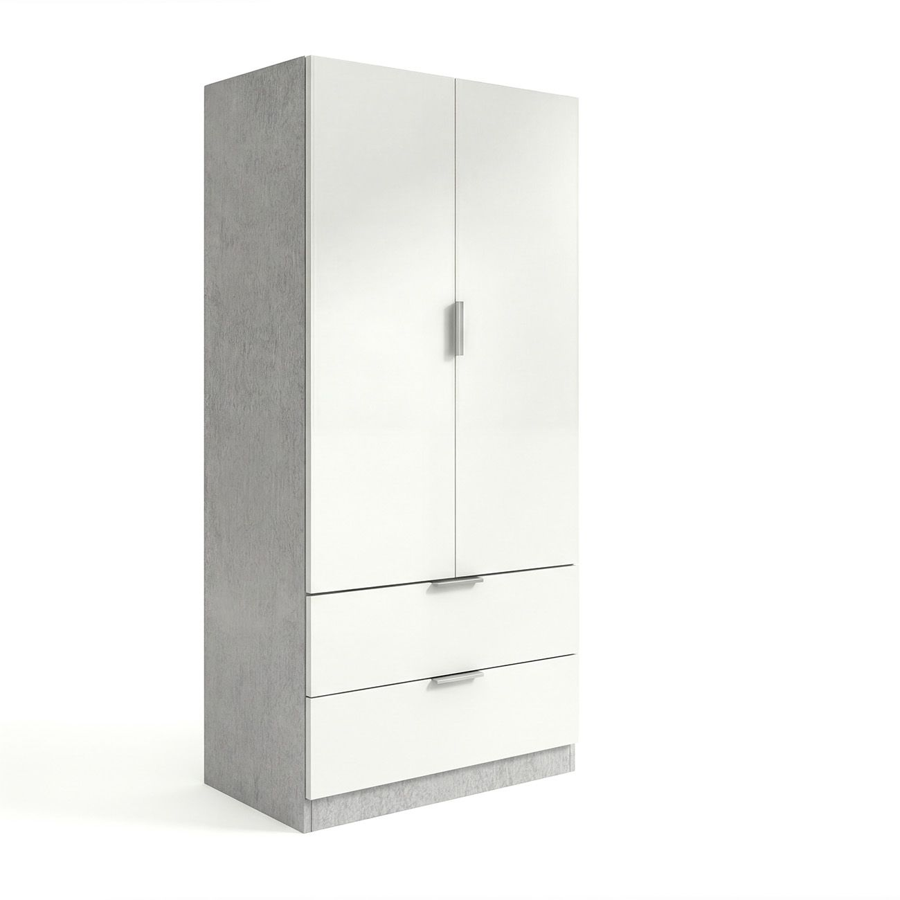 Un armario blanco con dos puertas y dos cajones se alza sobre una base gris.