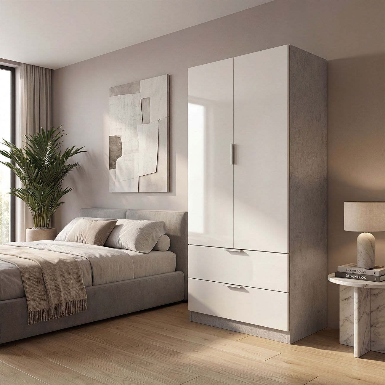 Un dormitorio moderno con cama gris, armario blanco, obra de arte y planta.