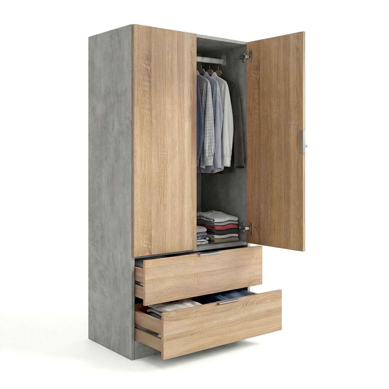 Un armario con efecto hormigón gris y puertas de madera, abierto, mostrando ropa y cajones.