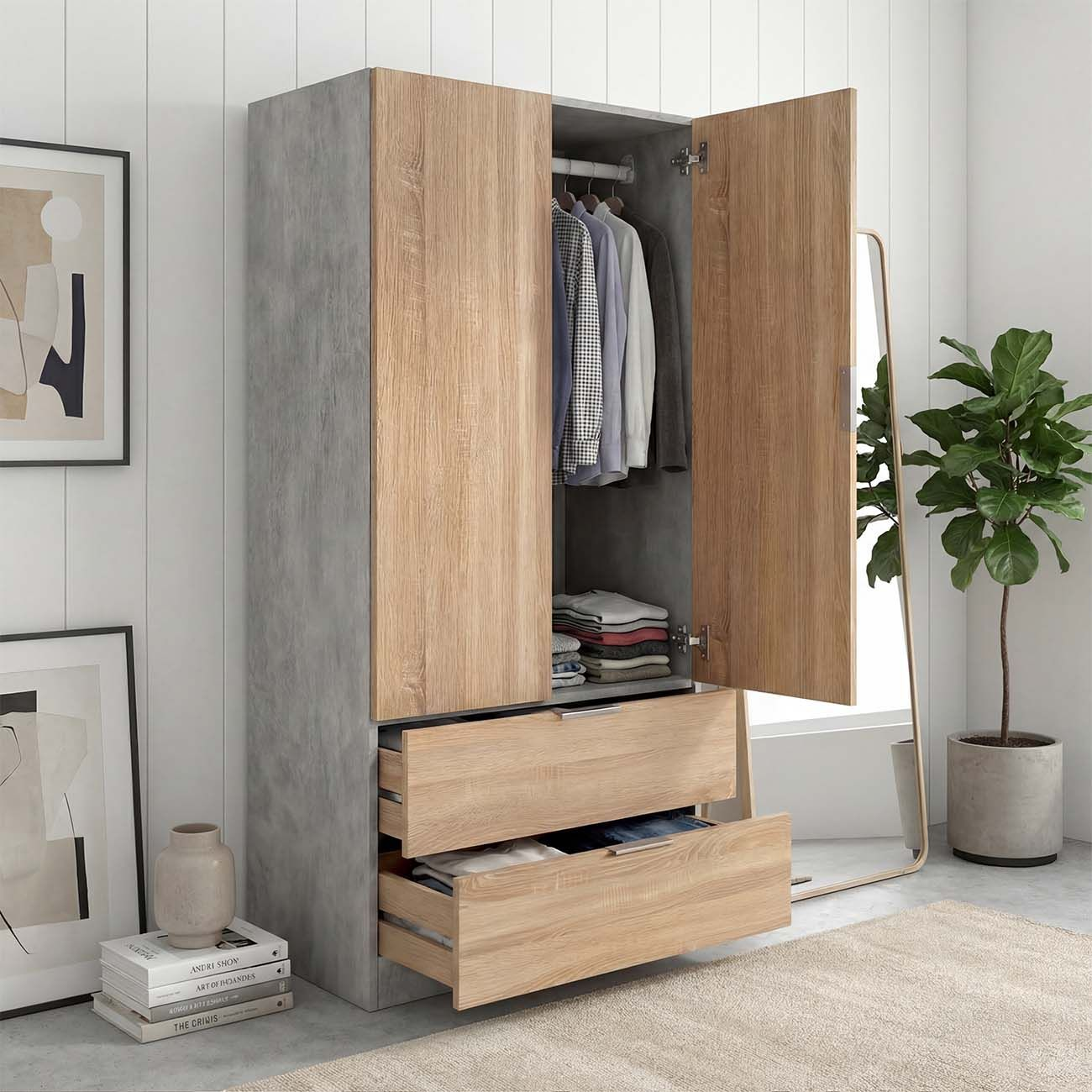Un armario moderno con puertas de madera, dos cajones y ropa dentro.
