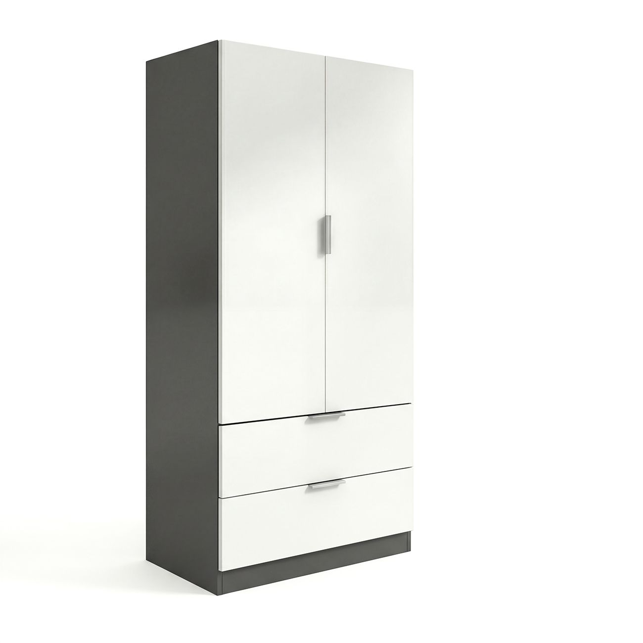 Un armario moderno con puertas blancas, dos cajones y laterales grises.