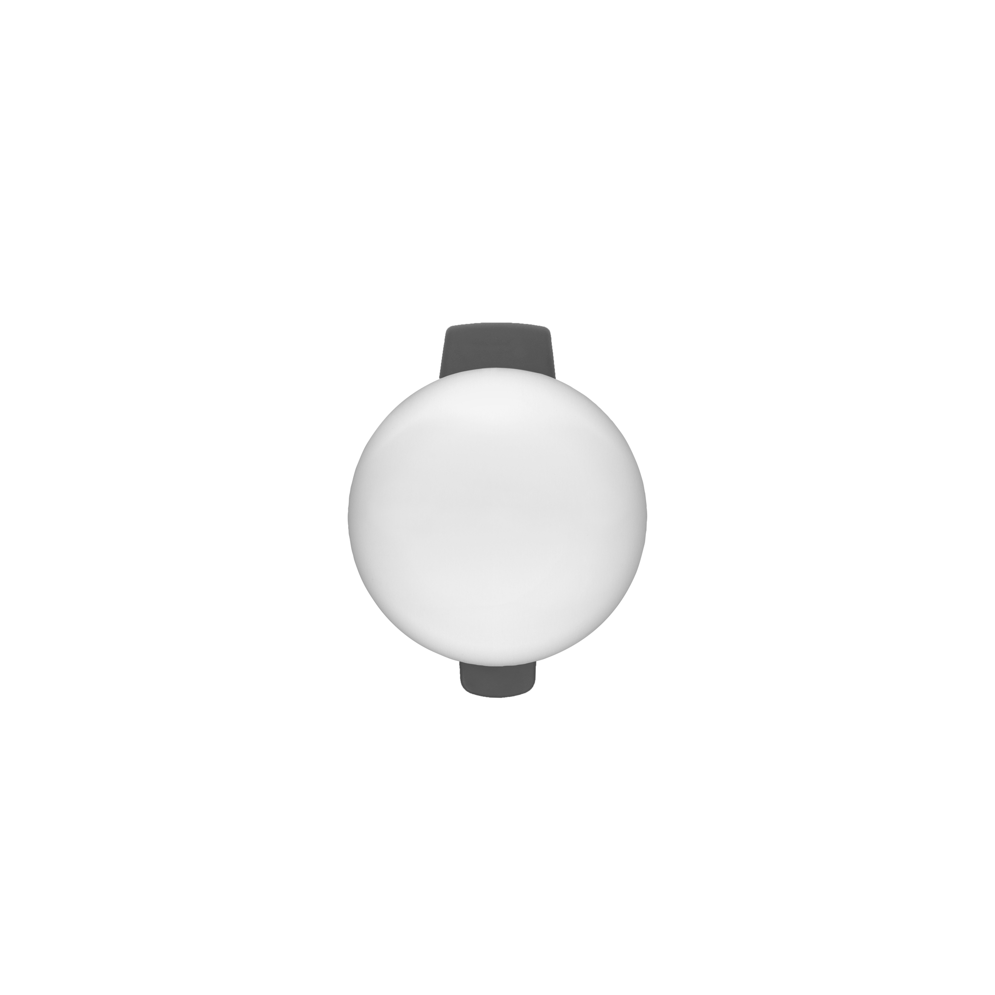 A white sphere with two gray cylinders attached to opposite sides.
