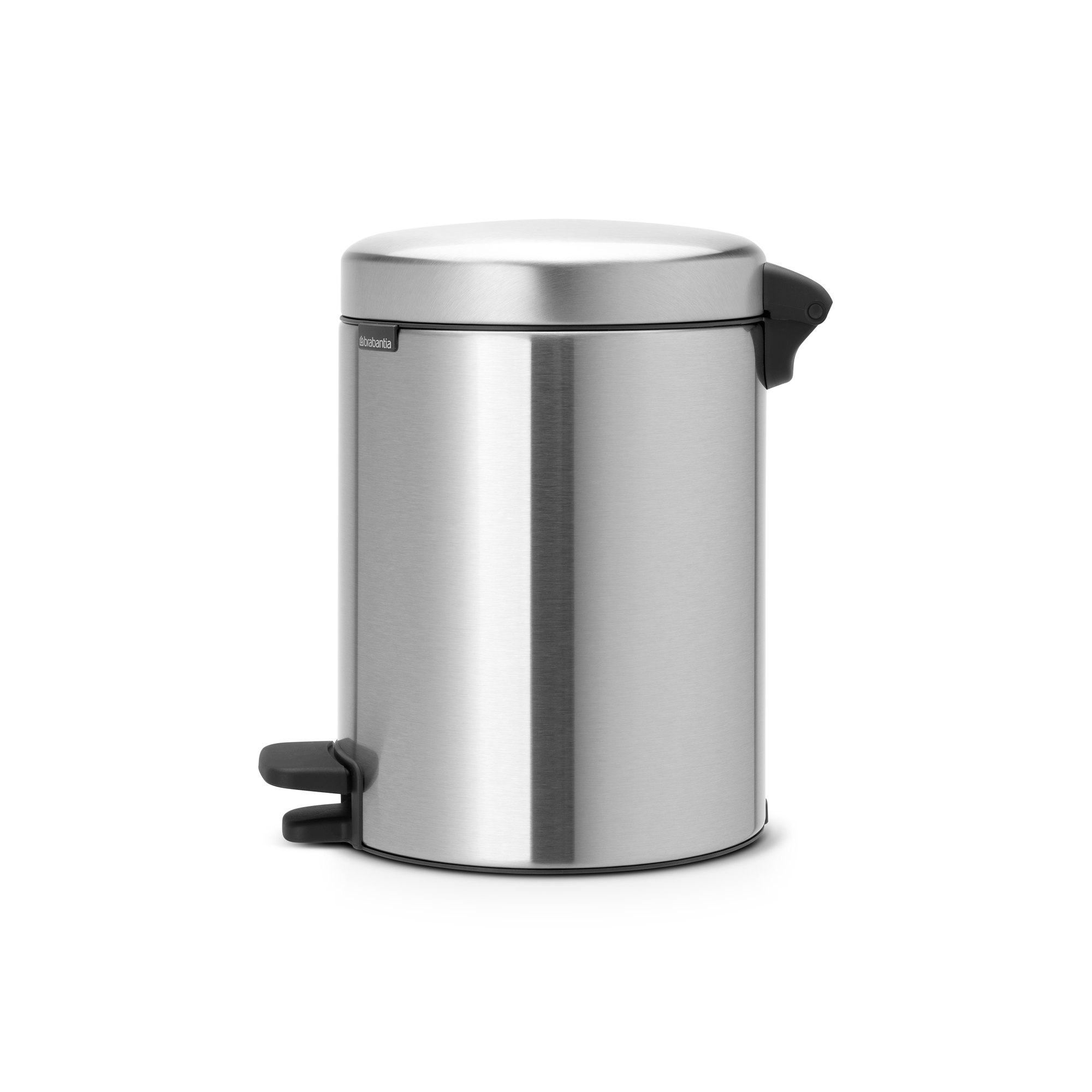 RVS pedaalemmer met zwart pedaal en handvat, op witte achtergrond.