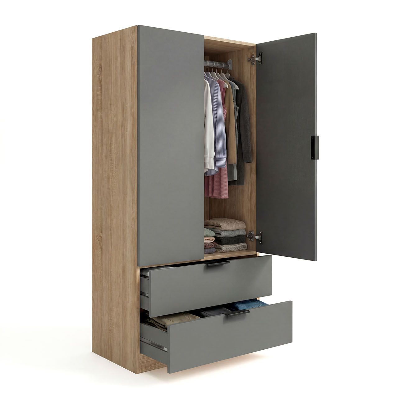 Un armario abierto con ropa y cajones. Tonos madera y grises.