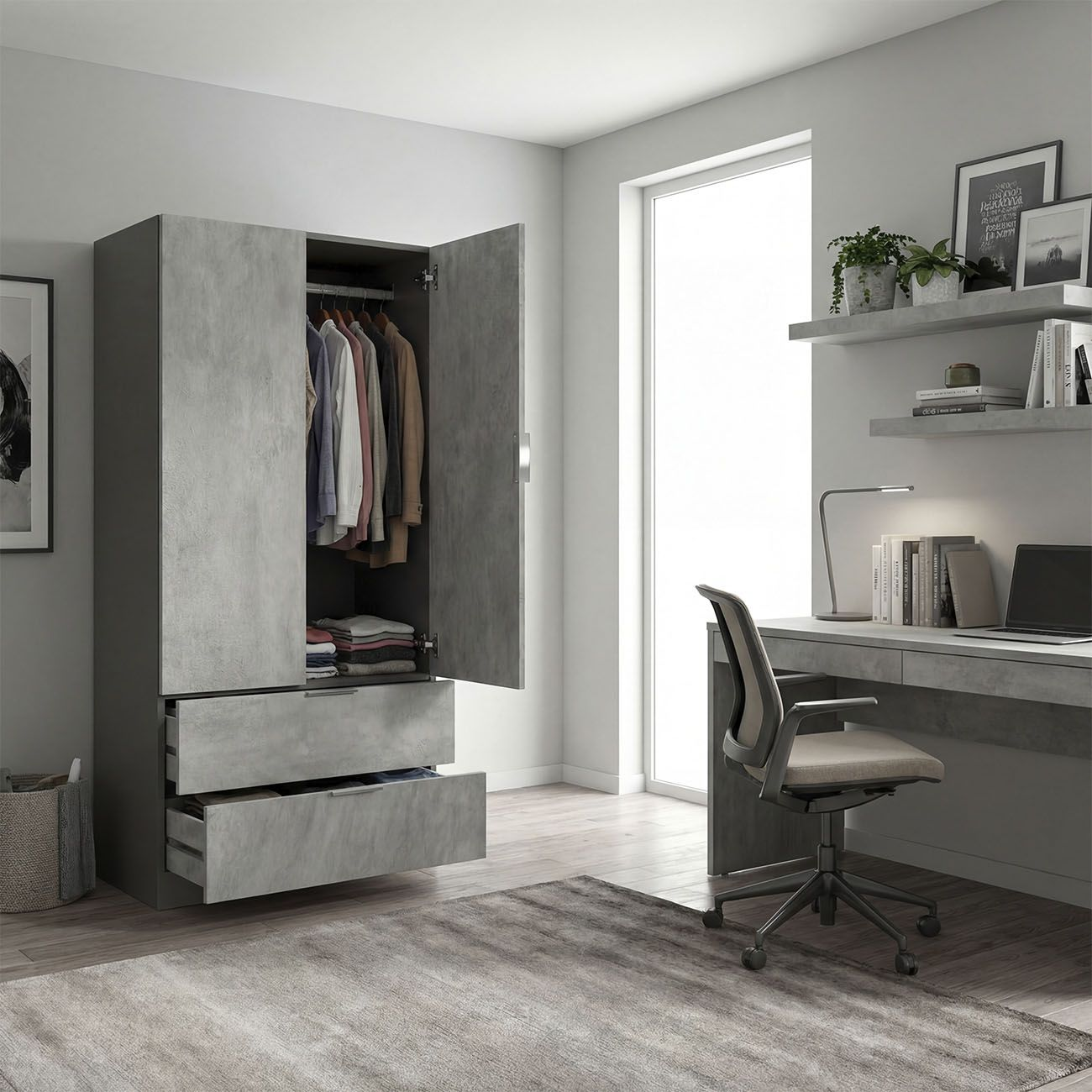 Un dormitorio con armario, escritorio y ventanas.