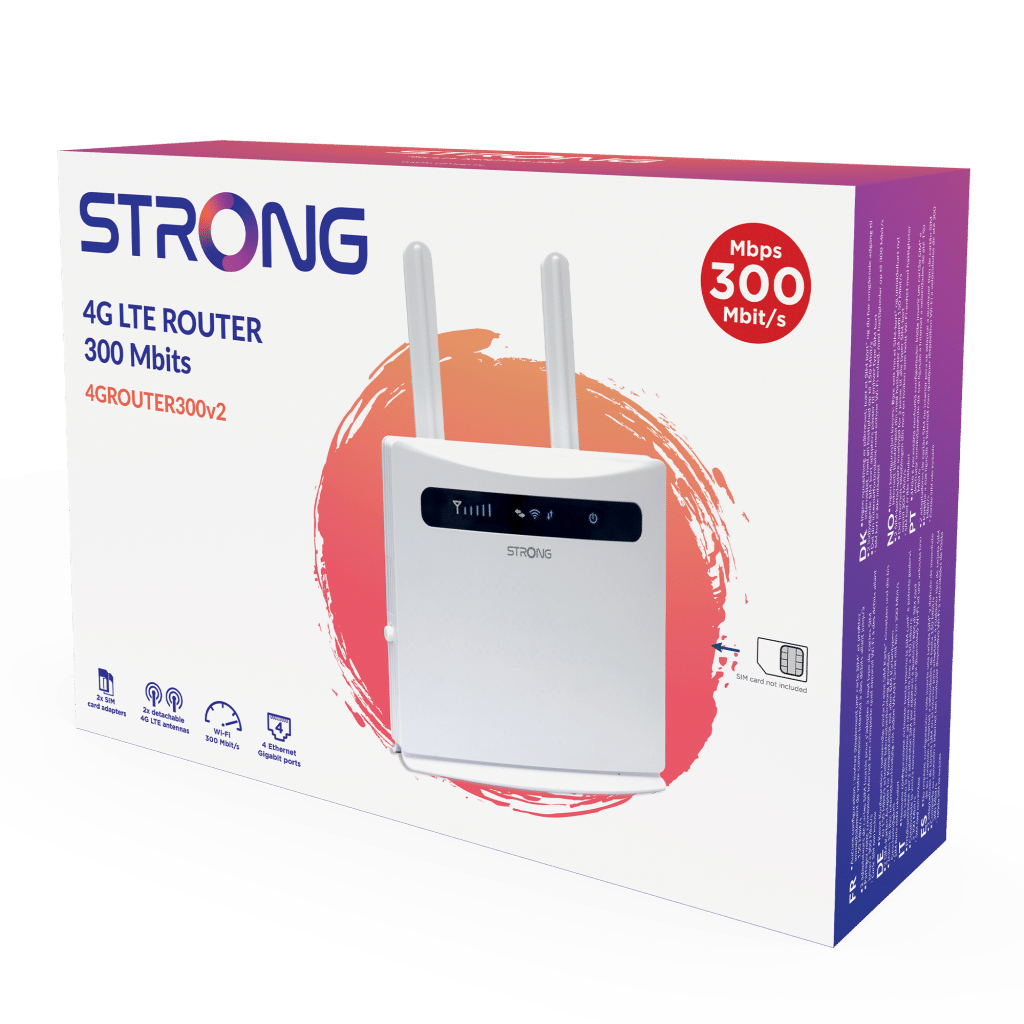 Caja de un router STRONG 4G LTE blanco con 2 antenas y características.