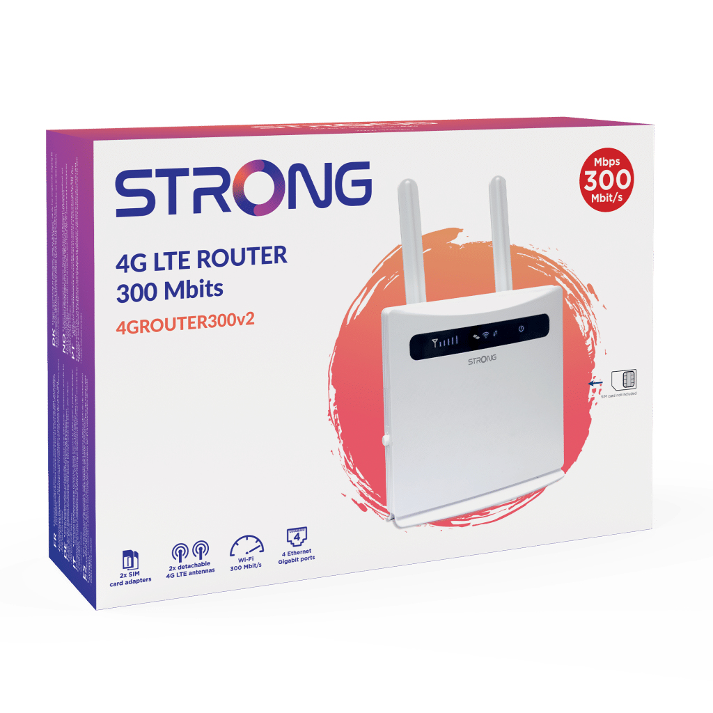 Caja STRONG 4G LTE Router con imagen del router, especificaciones: 300 Mbits, 2x SIM, 2x antenas.
