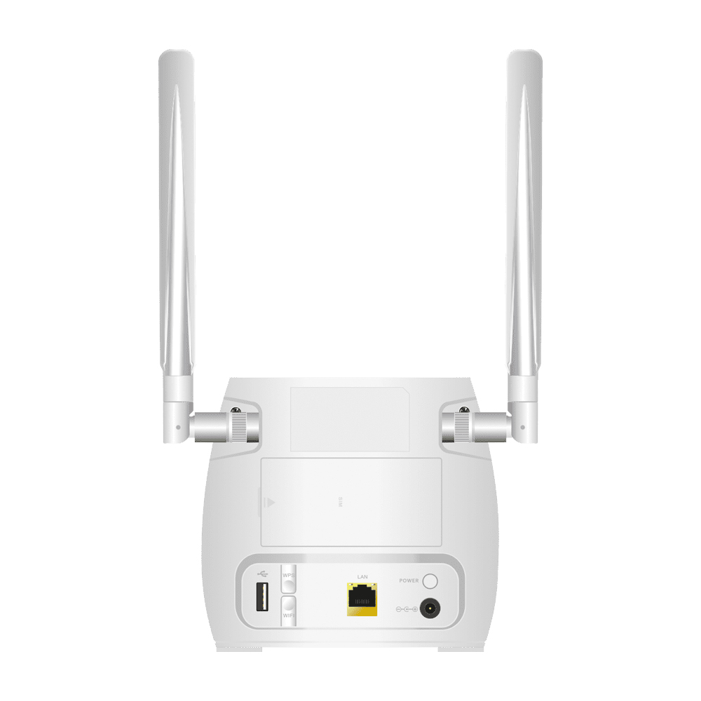 Un enrutador WiFi blanco con dos antenas y puertos traseros.
