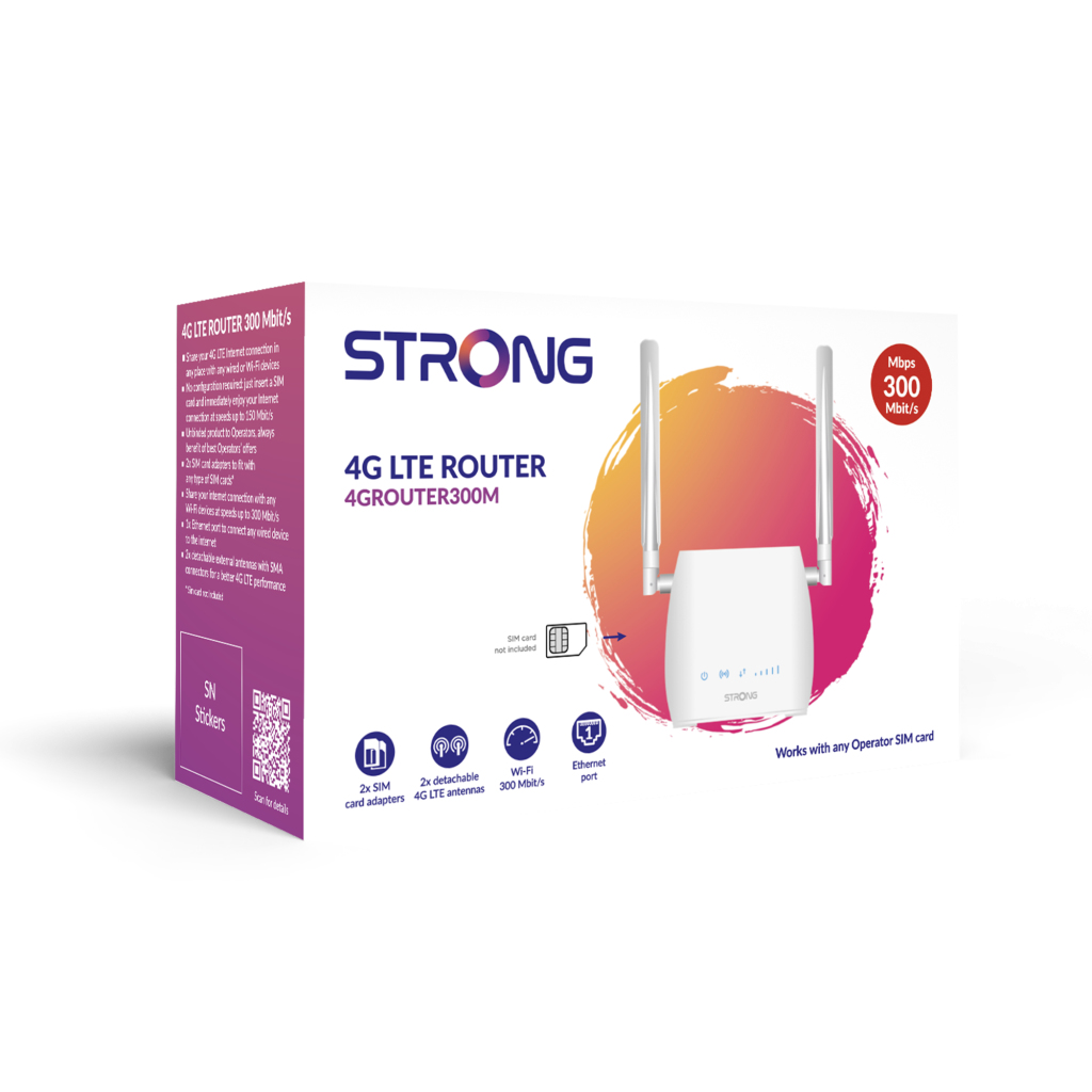 Embalaje de un router 4G LTE STRONG 300M con antenas e iconos de funciones.