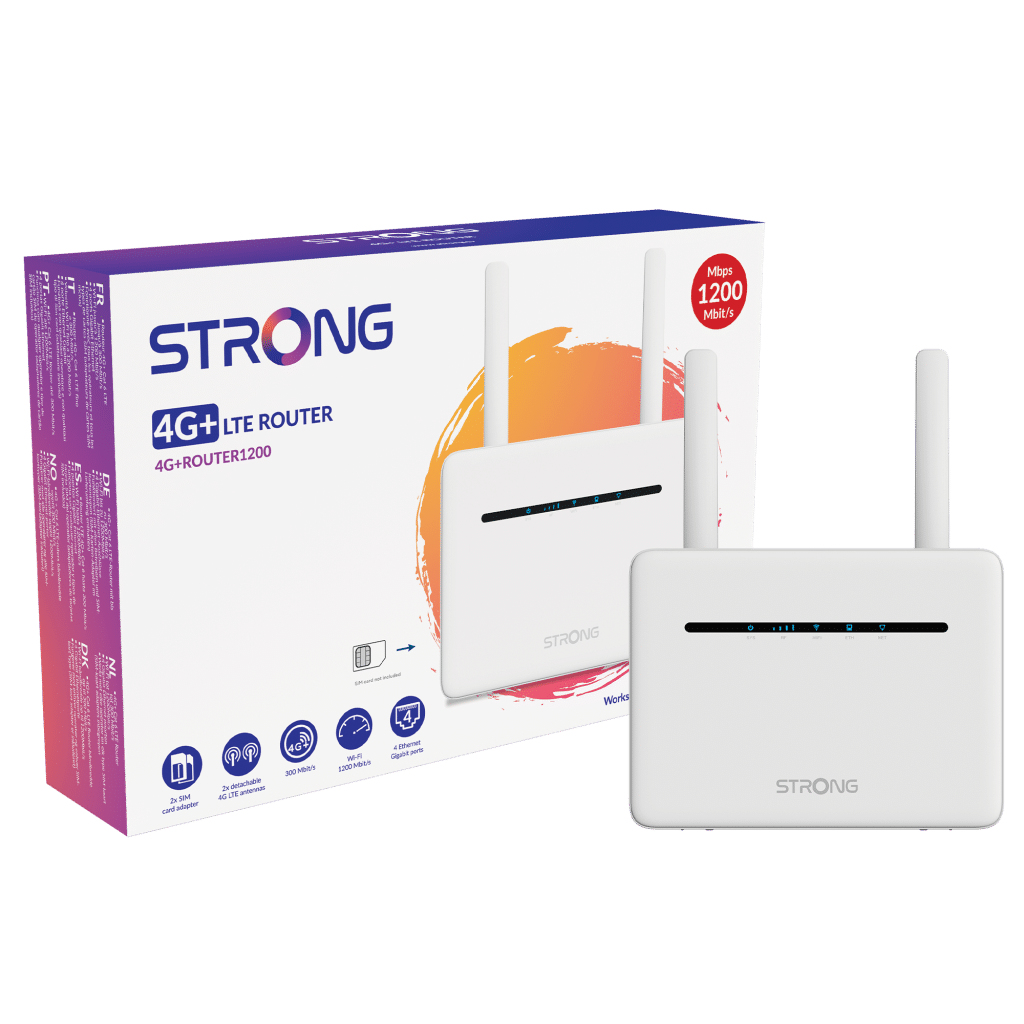 Un router blanco STRONG 4G+ LTE con dos antenas junto a su embalaje.