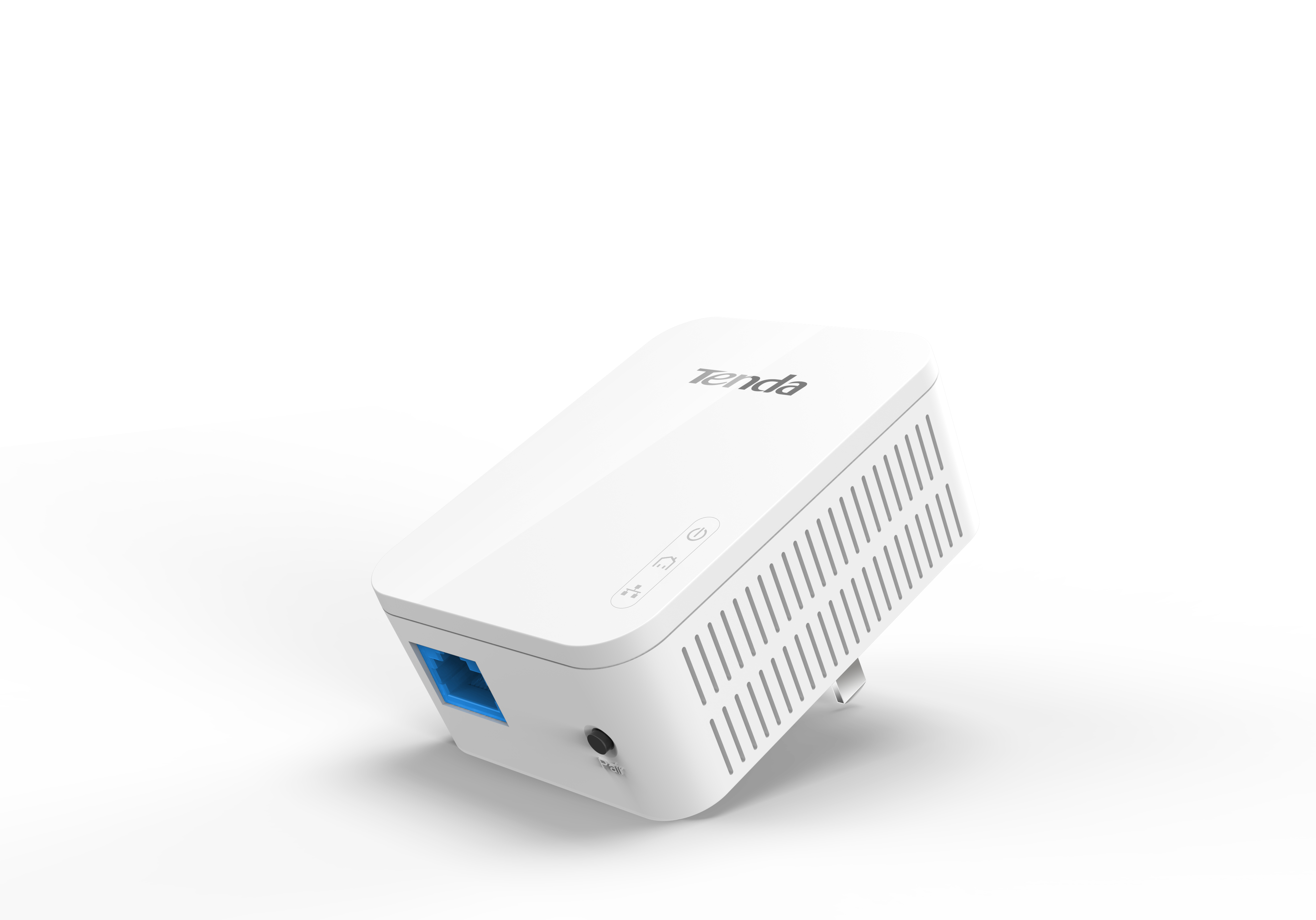 Ein weißer Tenda WLAN-Repeater mit blauer Ethernet-Buchse und Ladeanschluss.