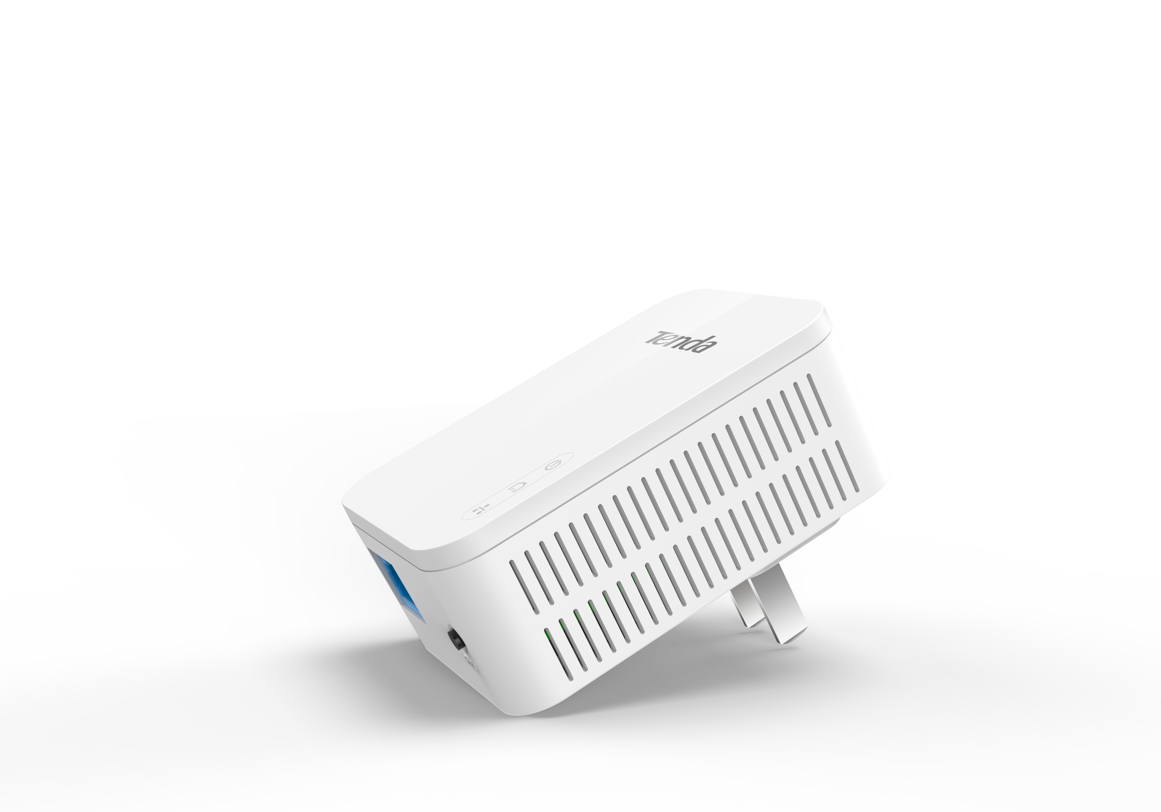 Ein weißer Tenda-Netzwerkadapter mit Lüftungsschlitzen und Knöpfen auf weißem Hintergrund.