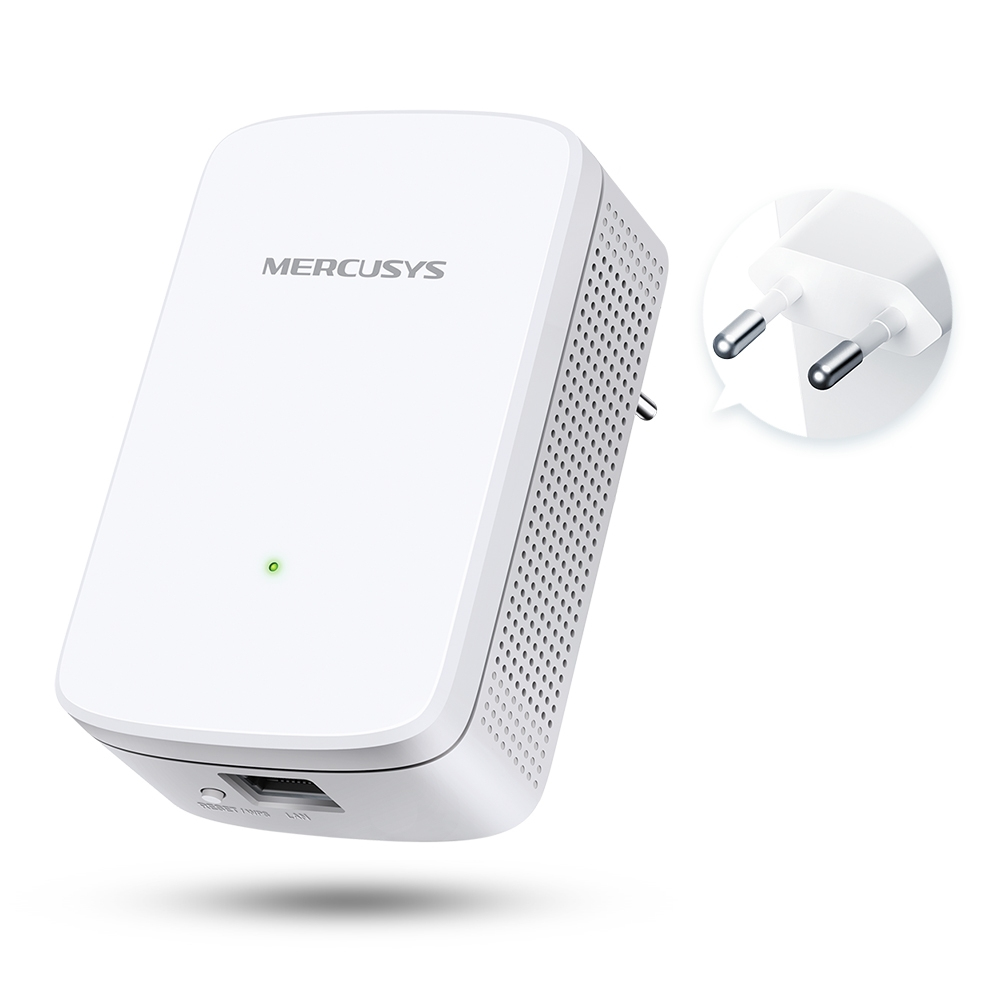 Un extensor Wi-Fi MERCUSYS blanco con enchufe y puerto Ethernet.