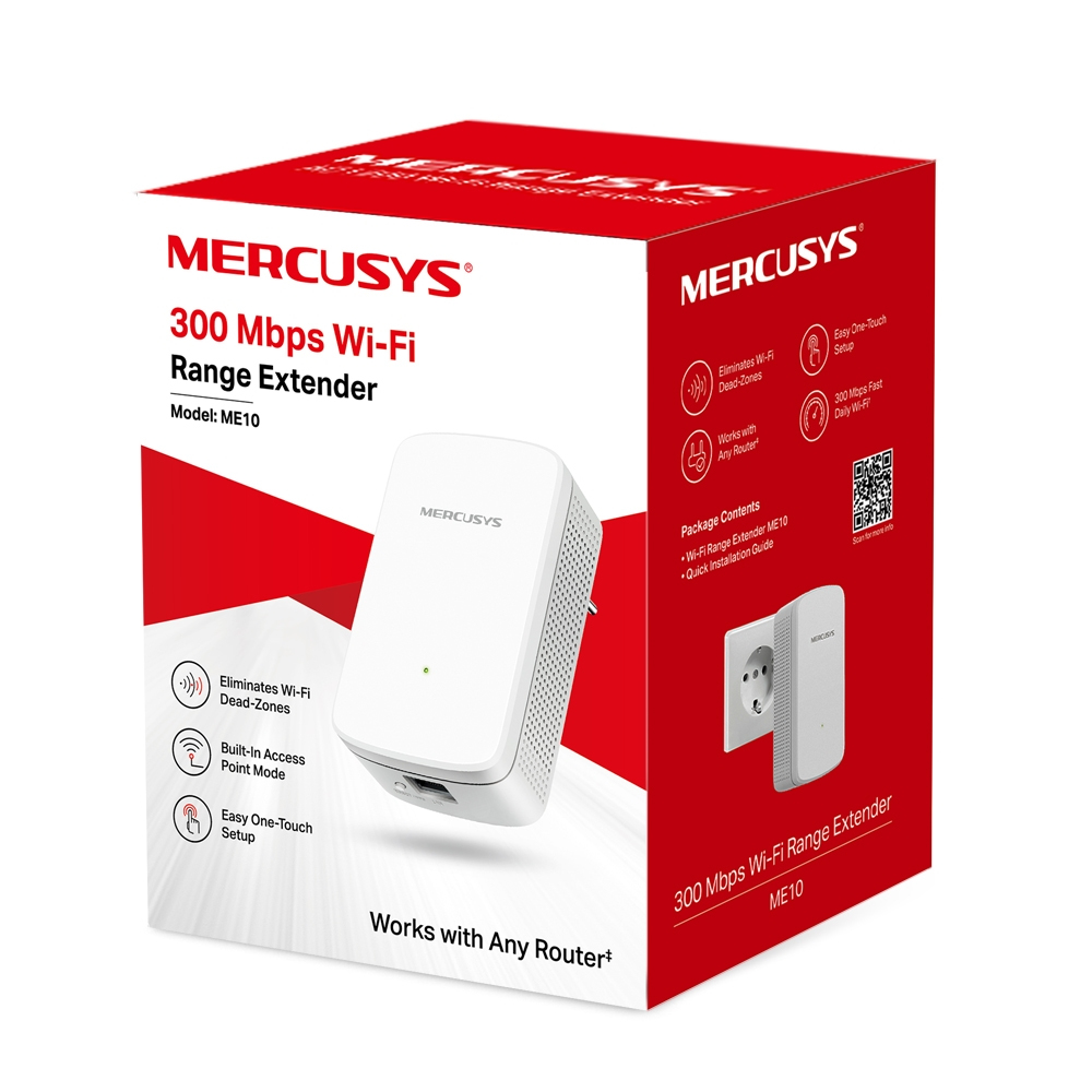 Embalaje de un extensor de rango Wi-Fi Mercusys de 300 Mbps, modelo ME10.