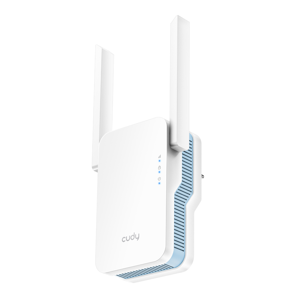 Un répéteur Wi-Fi blanc avec deux antennes et des indicateurs LED bleus.