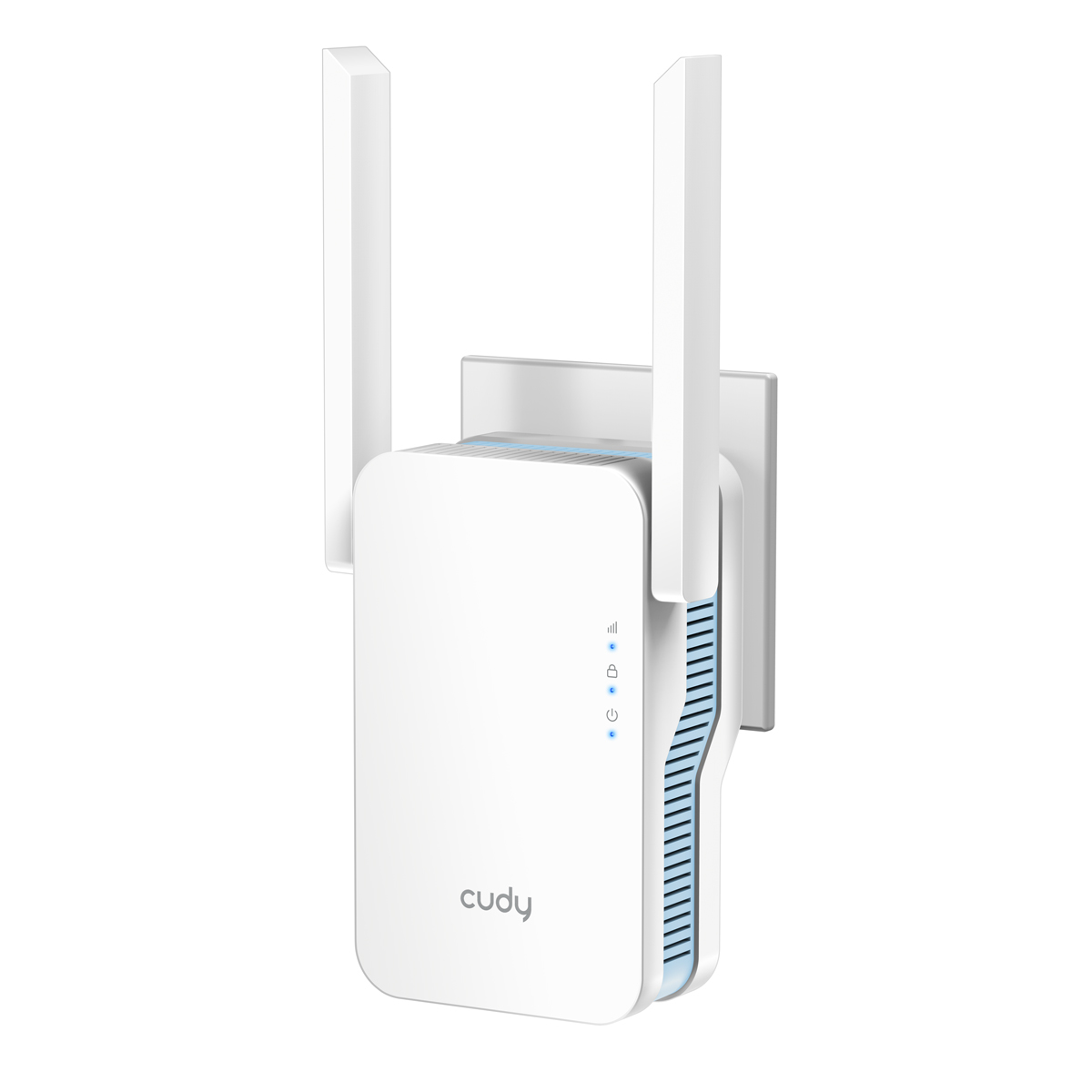 Un répéteur WiFi Cudy blanc avec deux antennes est branché à une prise murale.