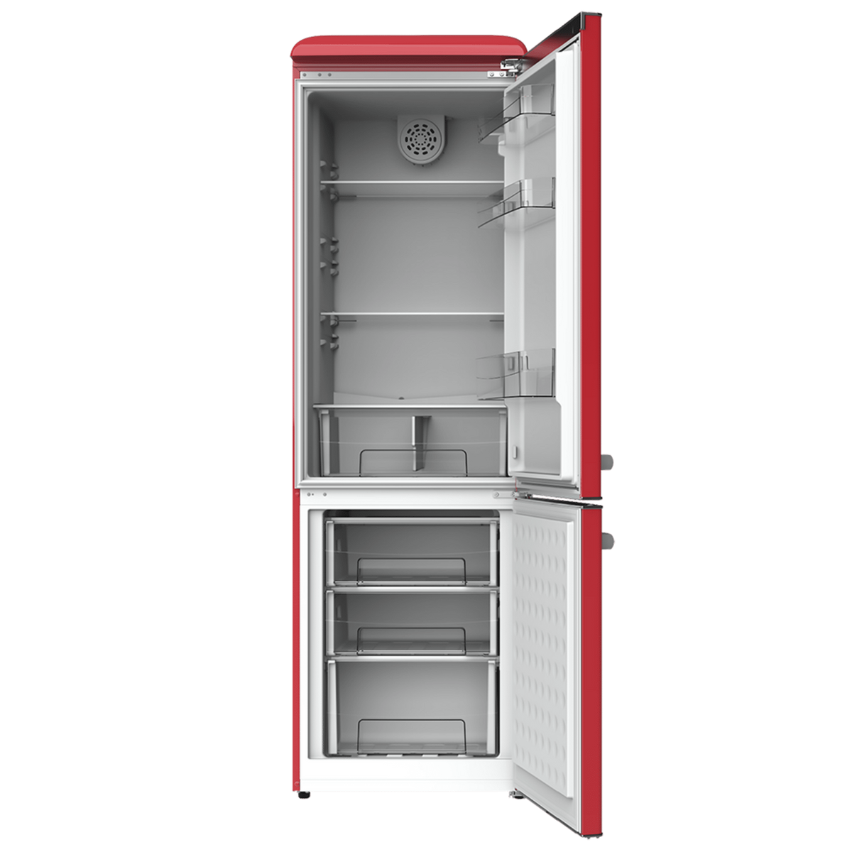 Refrigerador rojo abierto con estantes y cajones vacíos. Luz interior encendida.