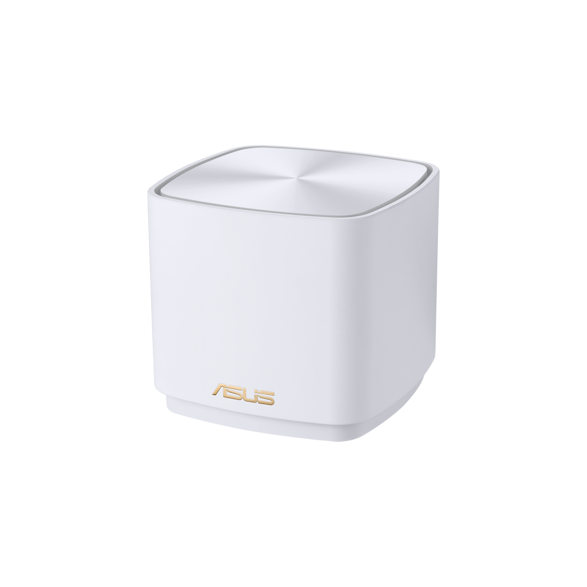 Ein weißer ASUS-Router mit silberner Oberseite steht auf weißem Grund.