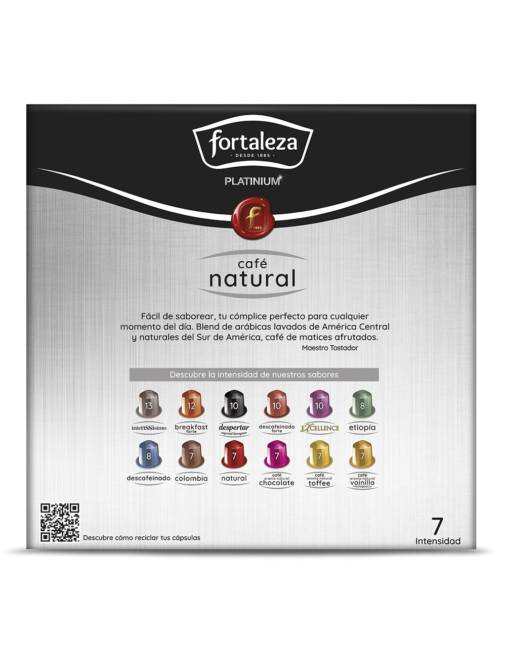 Caja de cápsulas de café Fortaleza. Muestra varios sabores de café con intensidades.