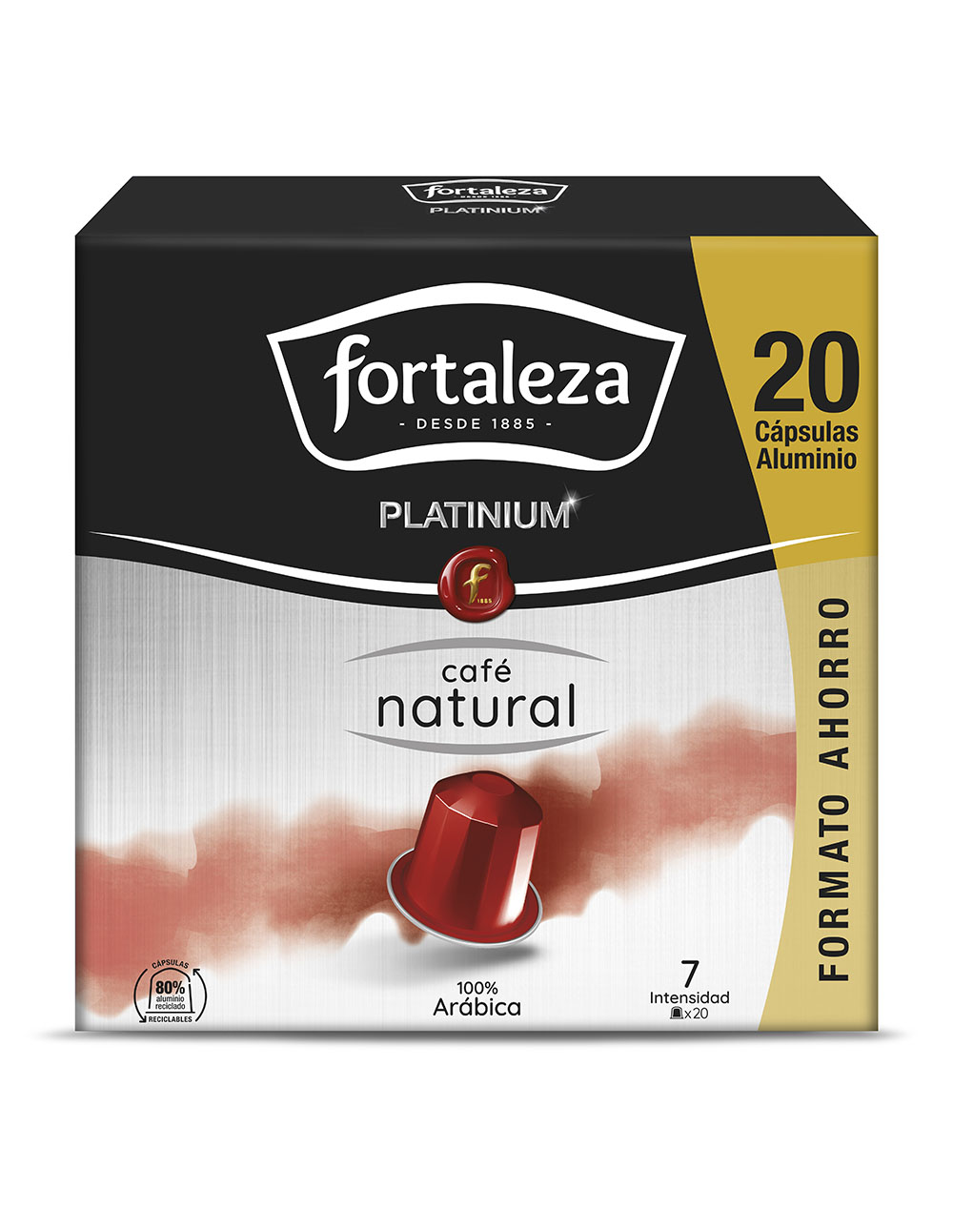Caja de 20 cápsulas de café Fortaleza Platinium, 100% Arábica.