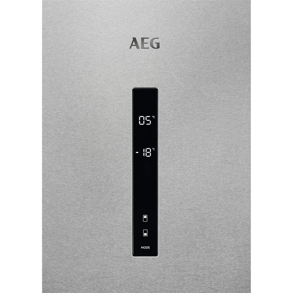 Superficie in acciaio spazzolato con display digitale: 5°C e -18°C. Logo AEG sopra.