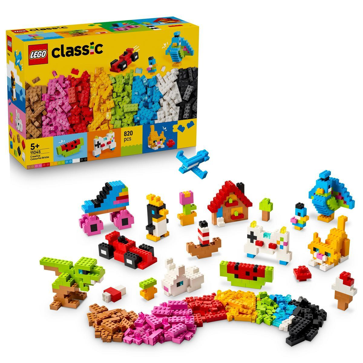 Mattoncini LEGO colorati con modelli: auto, animale, casa e aereo.