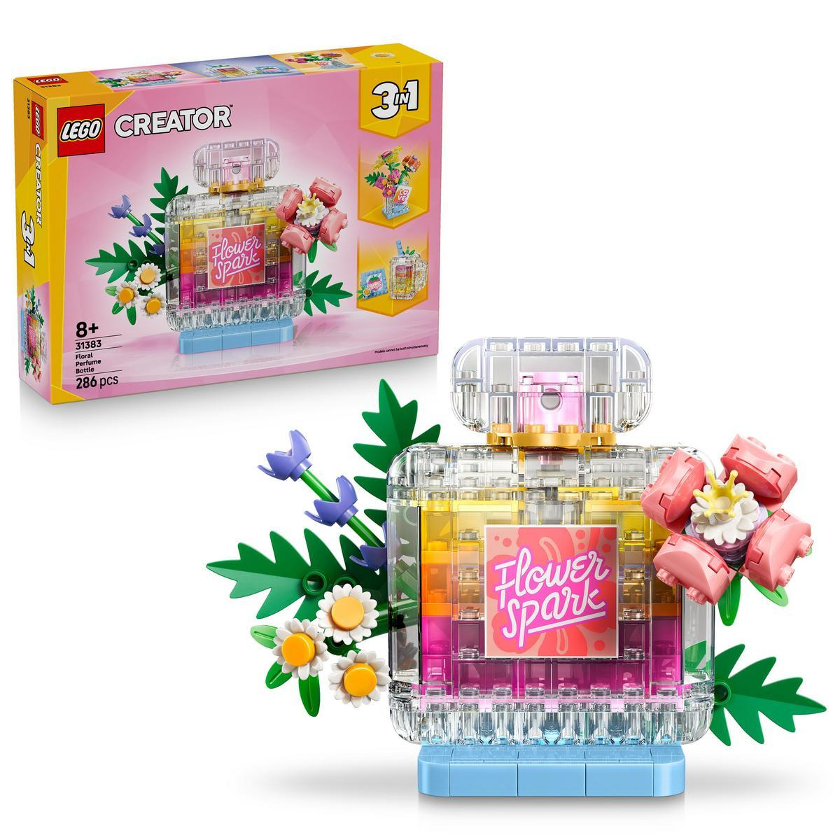 Un set LEGO Creator muestra una colorida botella de perfume de ladrillos con flores.