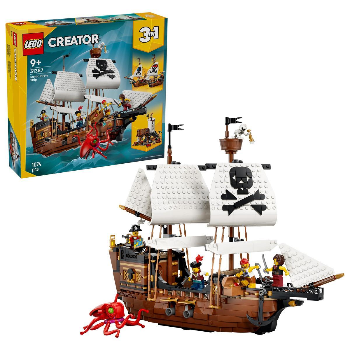 Barco pirata LEGO Creator con figuras y kraken, con embalaje de juguete.