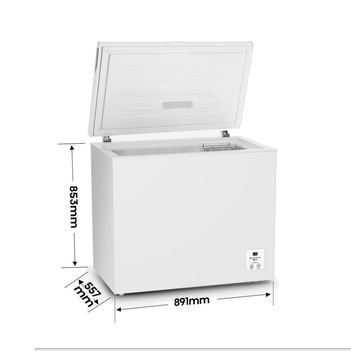Un congelatore a pozzetto bianco con il coperchio aperto, che mostra le dimensioni: 853 mm (altezza), 557 mm (profondità), 891 mm (larghezza).