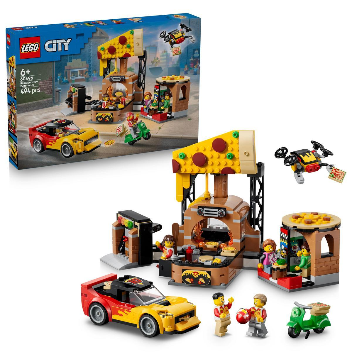 Set de entrega de pizza Lego City con coches, moto, dron y puesto de pizza.