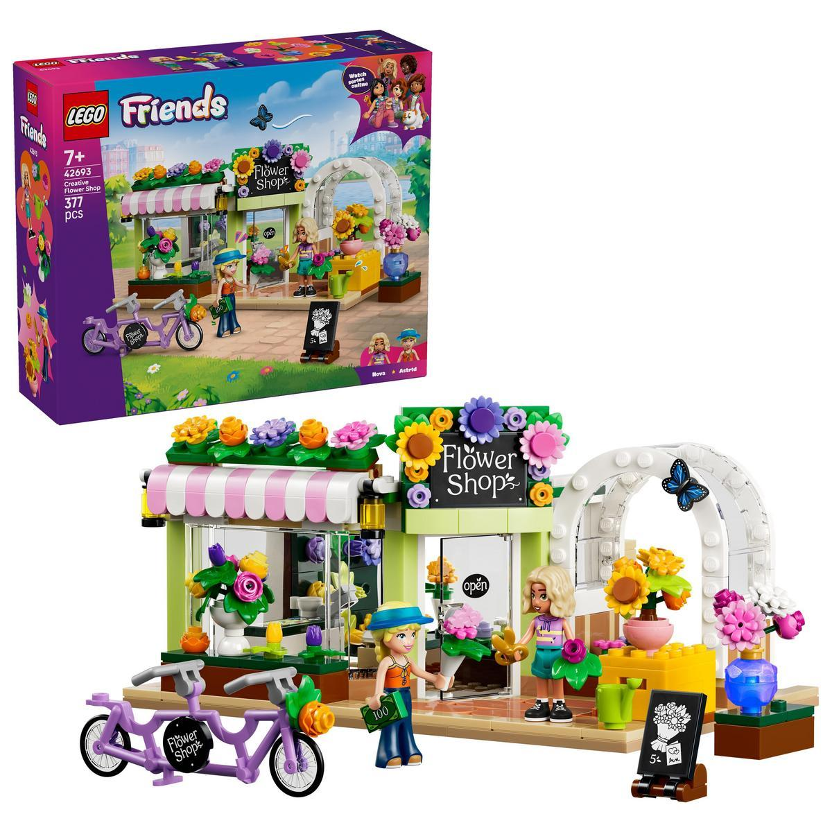 Una floristería LEGO Friends con bicicletas y dos figuras.