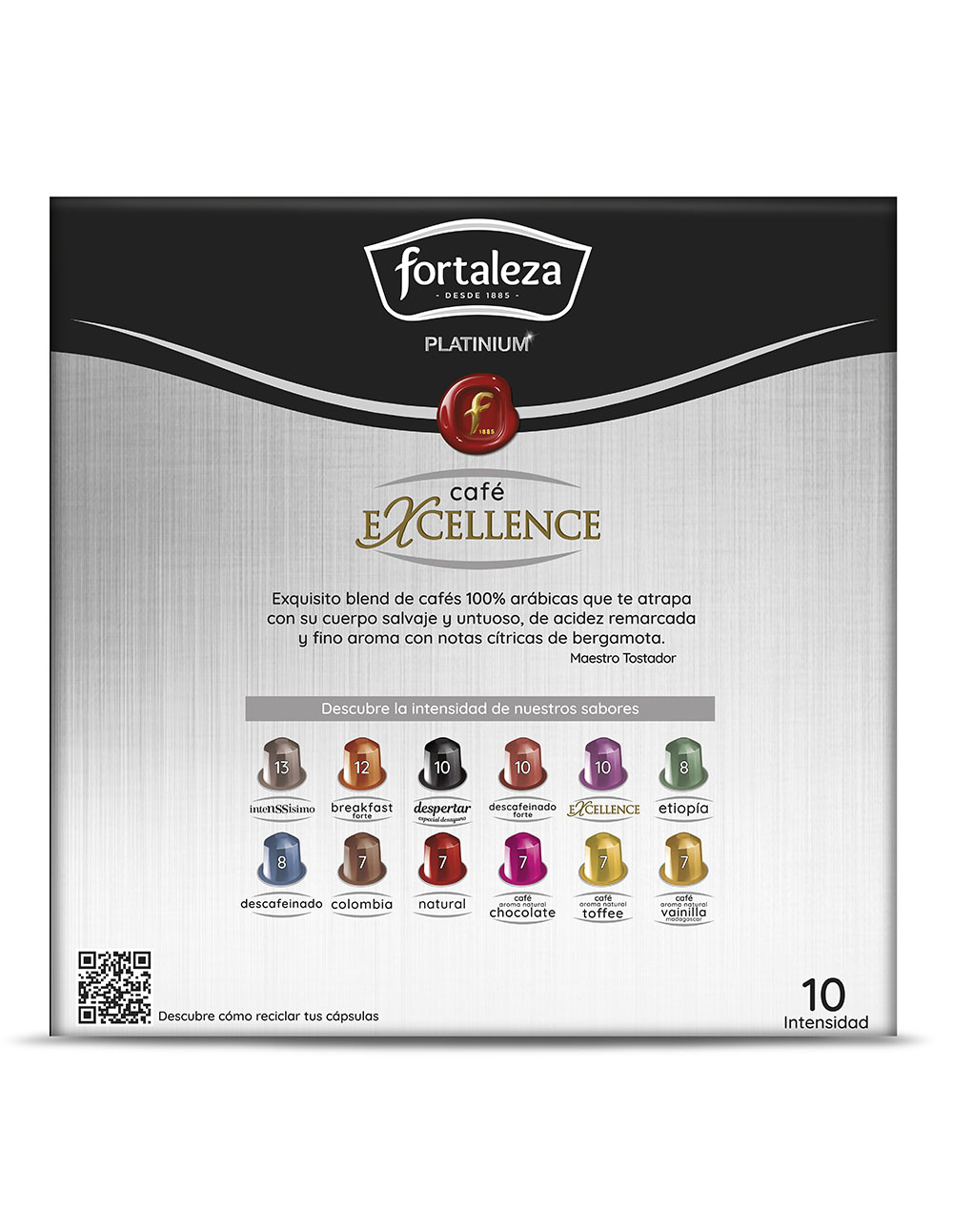 Empaque con cápsulas de café Fortaleza, varios sabores e intensidades.