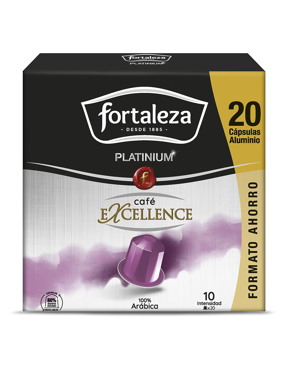 Caja de cápsulas de café Fortaleza Platinum, 20 cápsulas de aluminio, 100% Arábica.