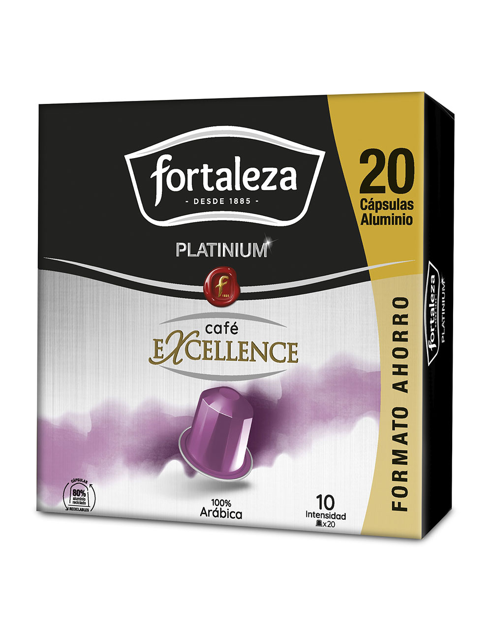 Cápsulas de café Fortaleza Platinium Excellence, 20 uds. Cápsula morada, 100% Arábica.