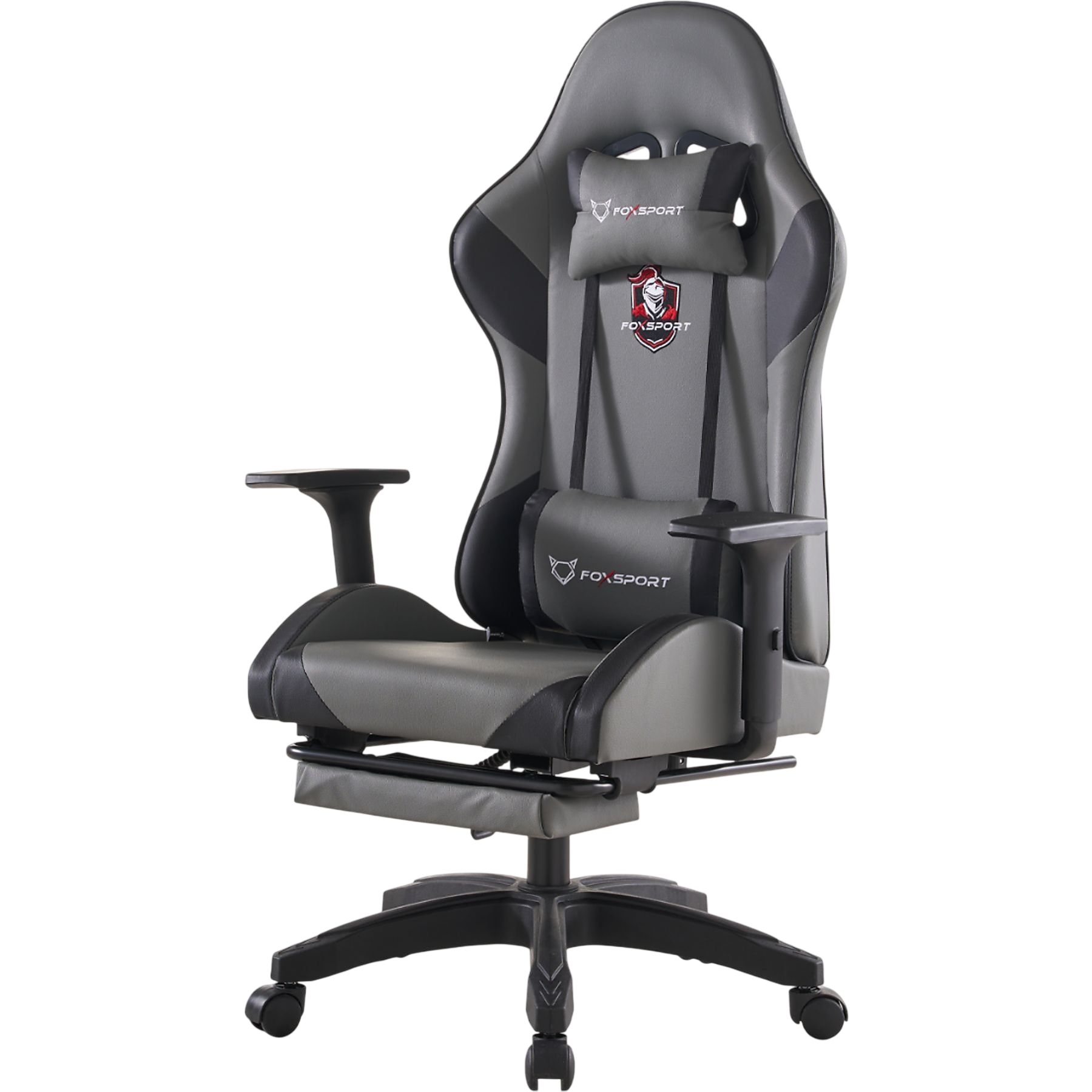 Silla gamer gris con soporte lumbar y cojín para la cabeza.