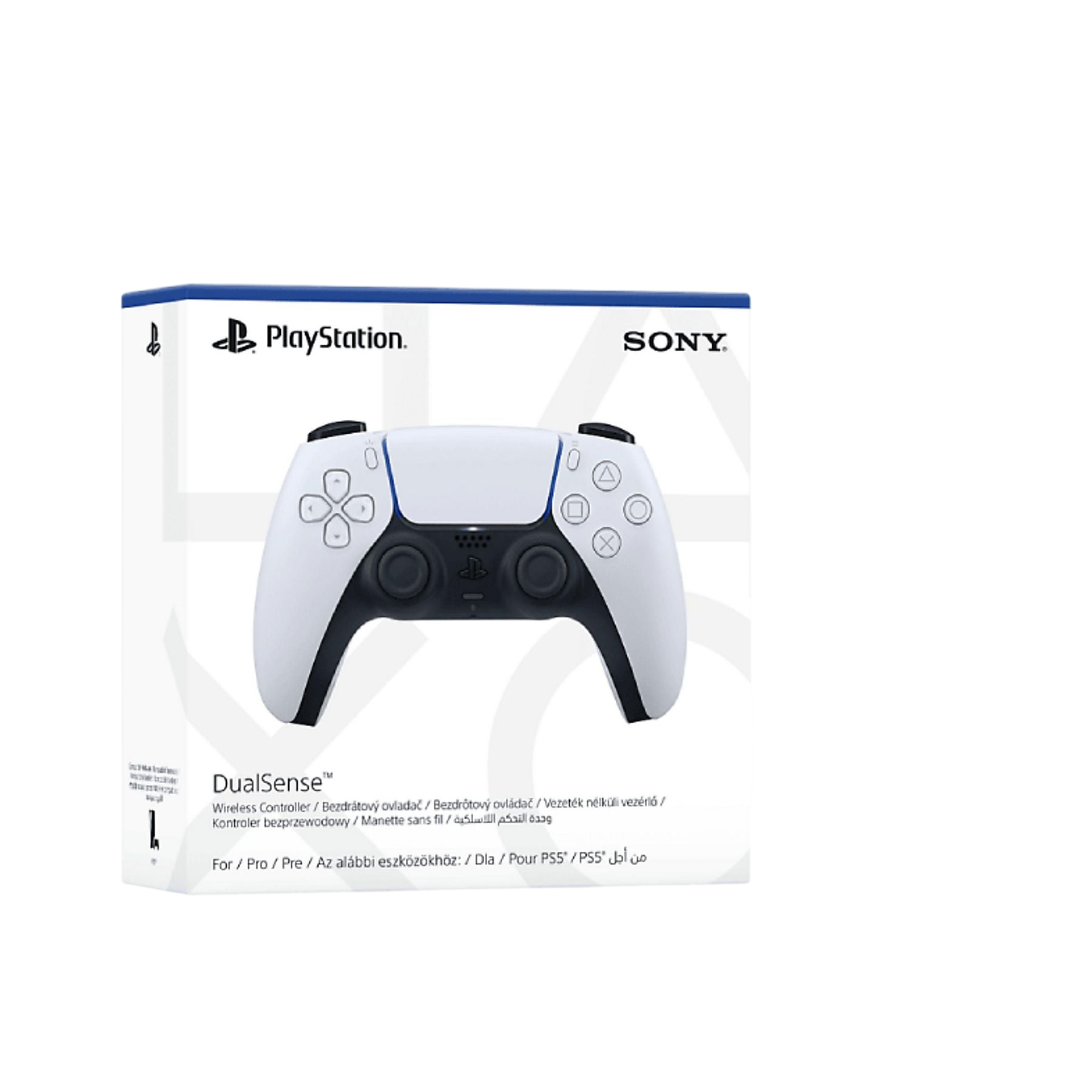 Kontroler PlayStation DualSense na białym opakowaniu z logo Sony.