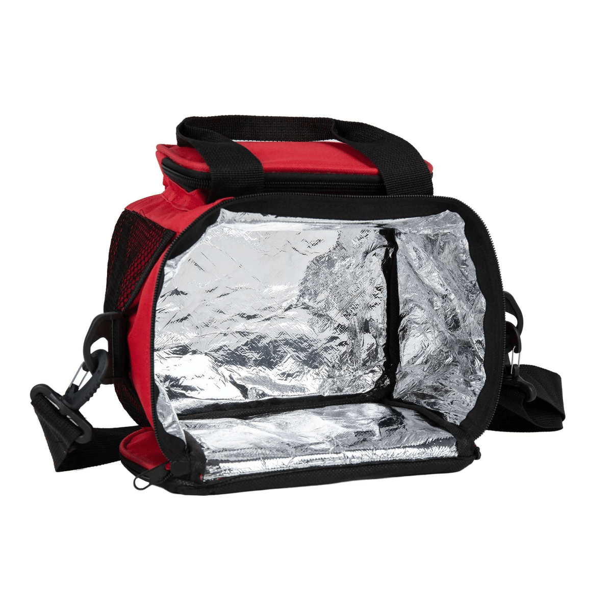 Bolsa de almuerzo aislada roja abierta con ribete negro y asas sobre fondo blanco.