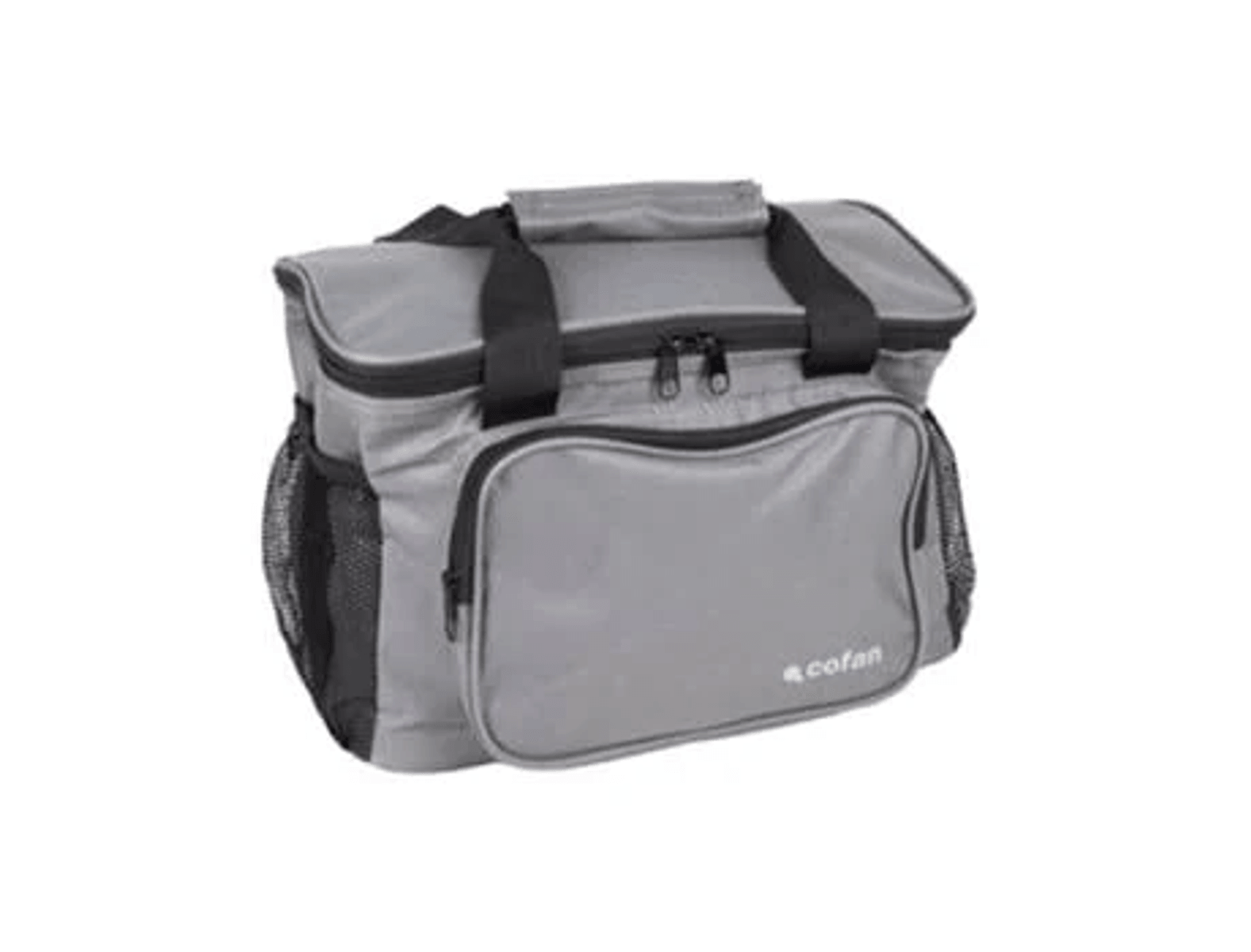 Bolsa térmica gris con cremallera y asas negras.