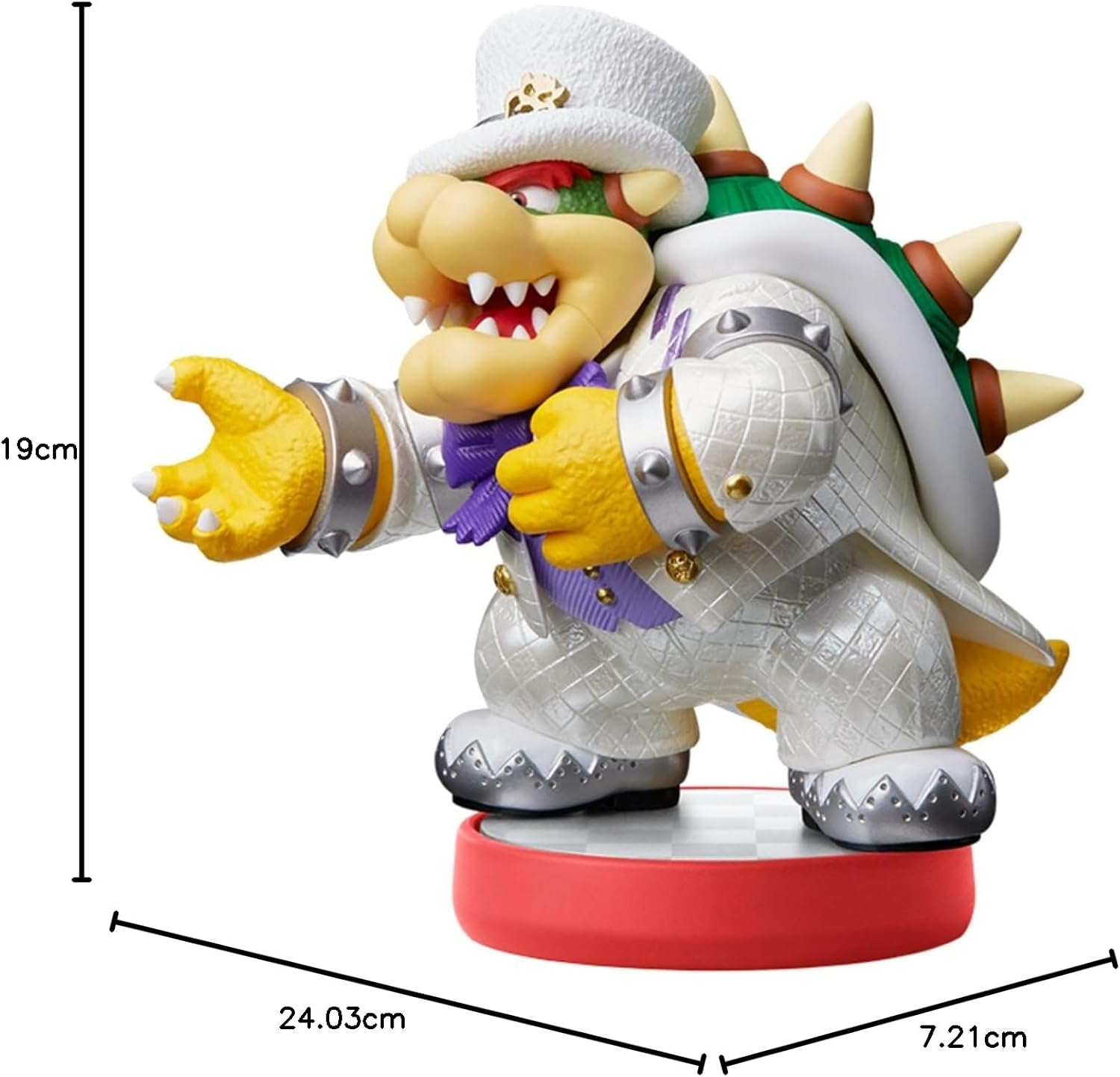 Eine Figur von Bowser in einem weißen Anzug mit Zylinder, lila Krawatte und gelben Händen.