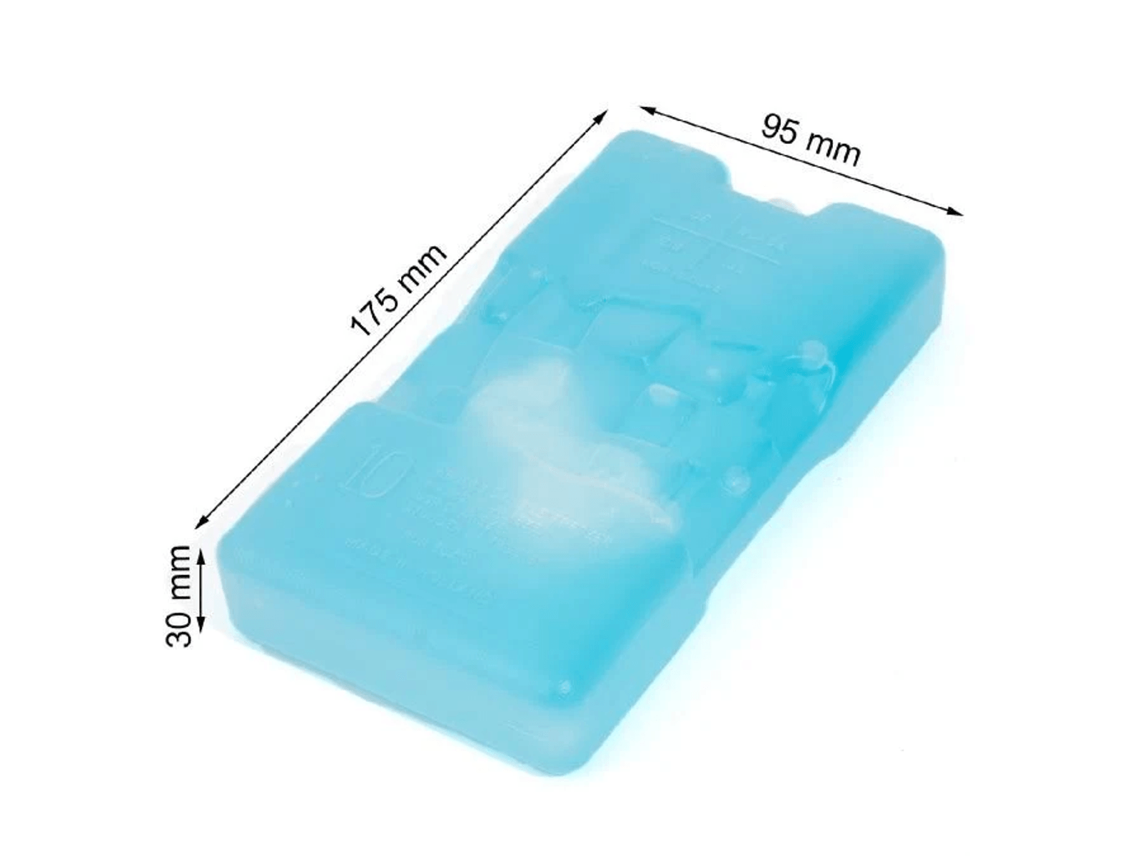 Una bolsa de hielo azul de 175 mm x 95 mm x 30 mm sobre fondo blanco.