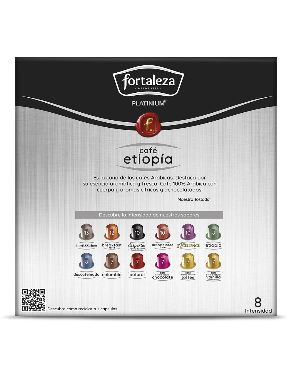 Caja de café Fortaleza con 8 cápsulas: Etiopía, intensidad 8. Incluye 9 variedades.