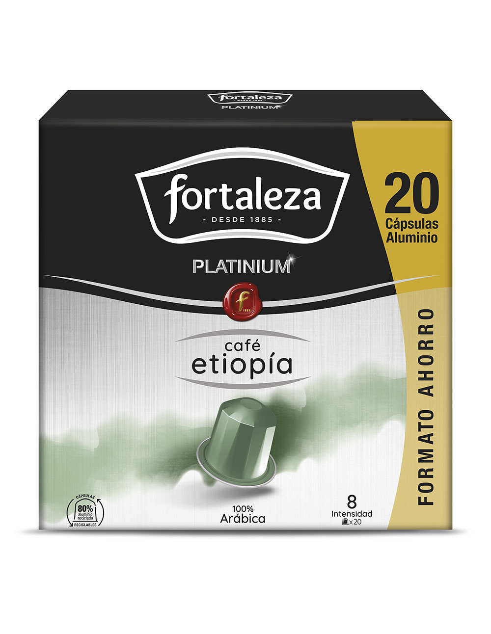 Caja con 20 cápsulas de café Fortaleza Platinium, café Etiopía.