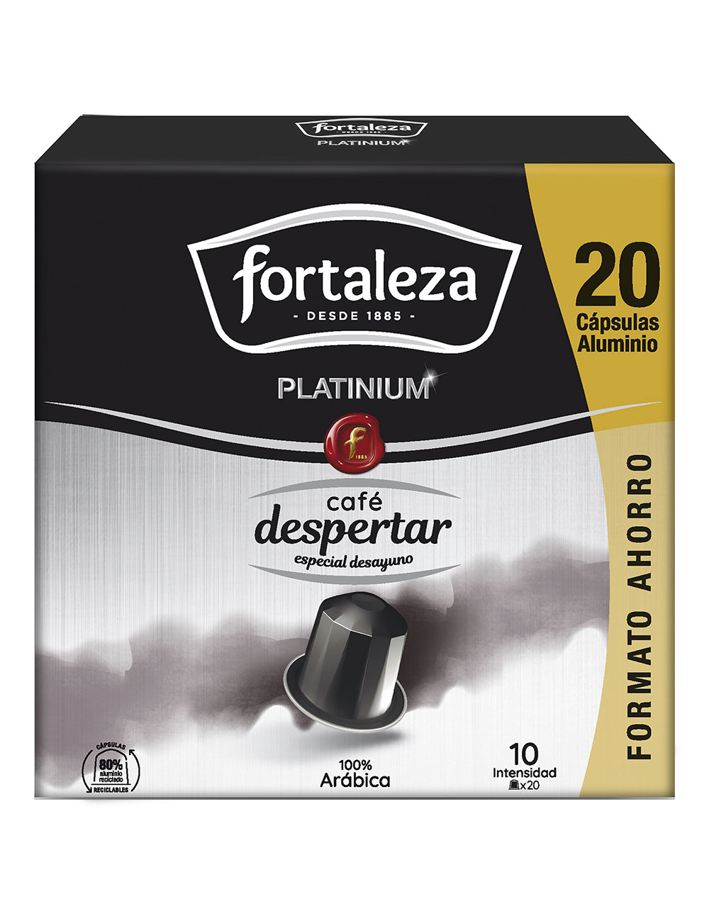 Caja de 20 cápsulas de café de aluminio Fortaleza Platinium, 100% Arábica.