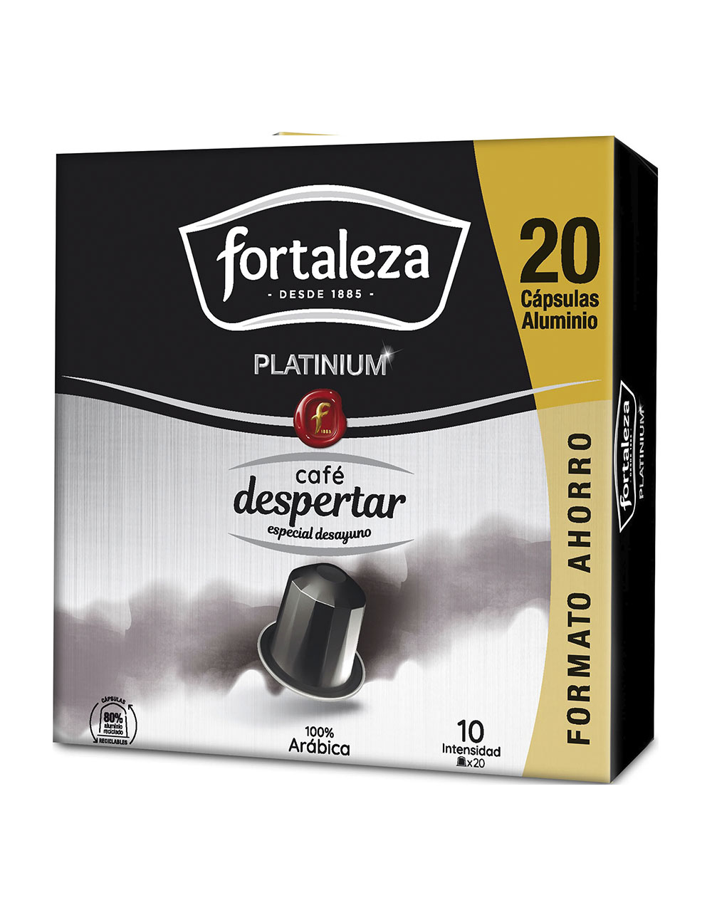 Caja de 20 cápsulas de café Fortaleza Platinium, 100% Arábica.