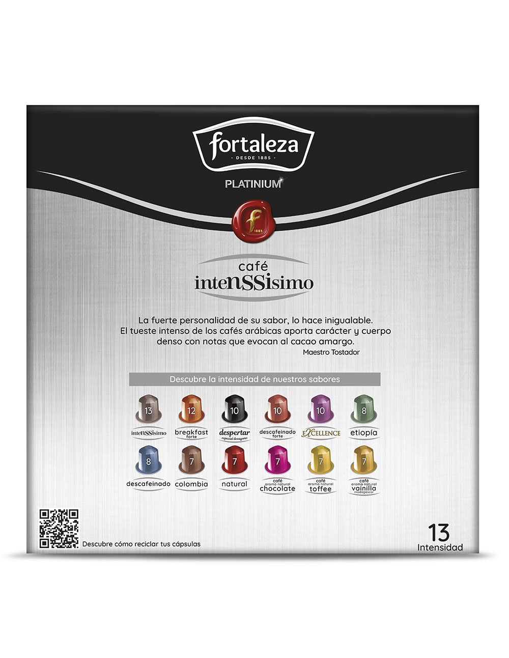 Empaque de café Fortaleza mostrando varias cápsulas de café y clasificaciones de intensidad.