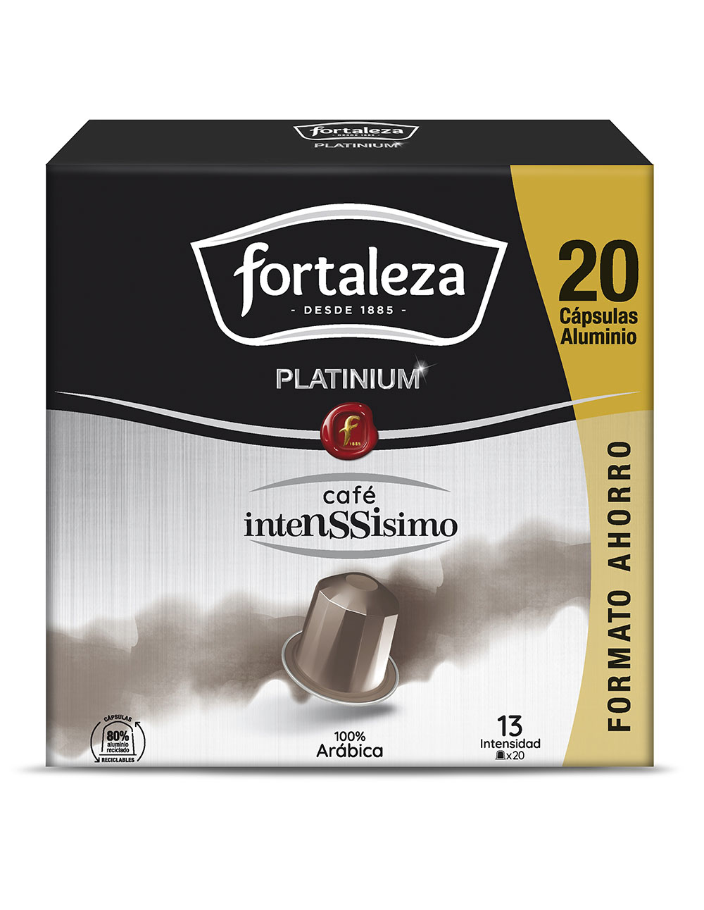 Caja de cápsulas de café Fortaleza Platinium, 20 cápsulas de aluminio, intensidad 13.